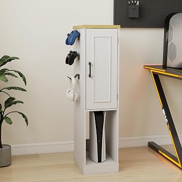 RASOO Media Cabinet, AV Media Stand Game Console Stand with Drawers Inside Media Audio Tower Rack with Hooks,Game Storage Cabinet for PS5 and Xbox