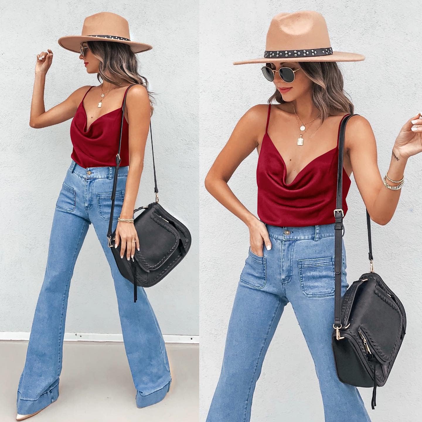 Aoulaydo Women's Spaghetti Straps V Neck Satin Camisole Cowl Neck Cami Tank Top Silk Camisole Sleeveless Blouses - Image 2