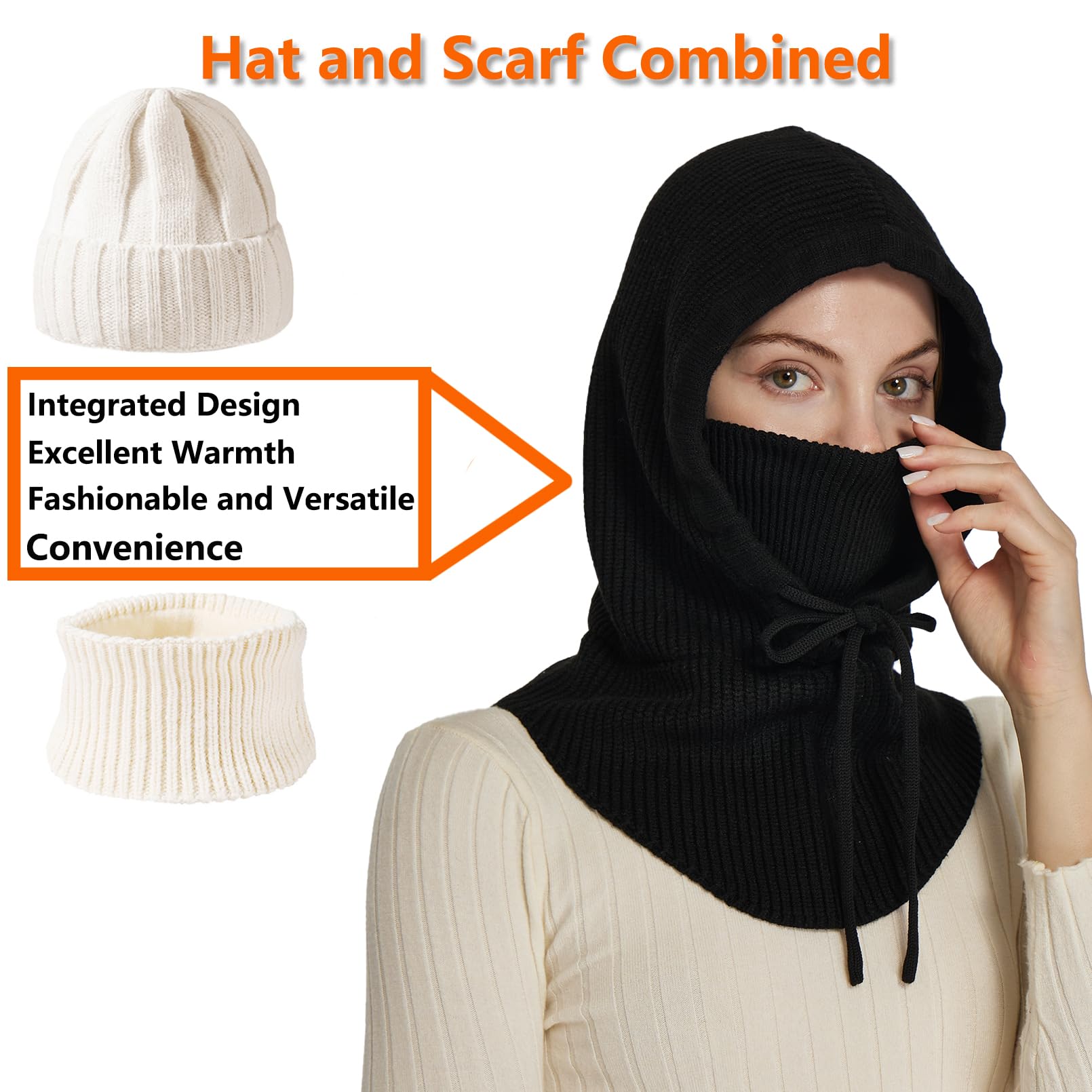 Facecozy Sturmhaube aus Strick für Damen Herren Wintermütze mit Gesichtsmaske Atmungsabweisende Ski-Maske Halstuch Mütze Damen Winter (Schwarz)