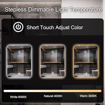 LED Bathroom Mirror For Over Sink, 45 x 60cm Electric Vanity Mirror With Backlit Lights For Shower Shaving, Wall Mounted Dimmable 3 Color Lighting, IP54, Vertically Only