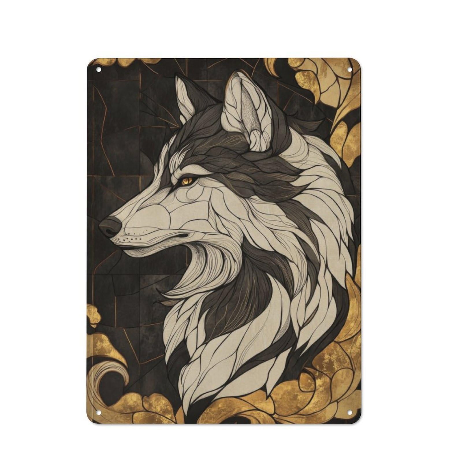 Country Country Metal Sign 40x30cm Featuring Wolf in Gold Frame, Rustic Kitchen Decor for Cottage, Kitchen, Hallway Or Breakfast Nook