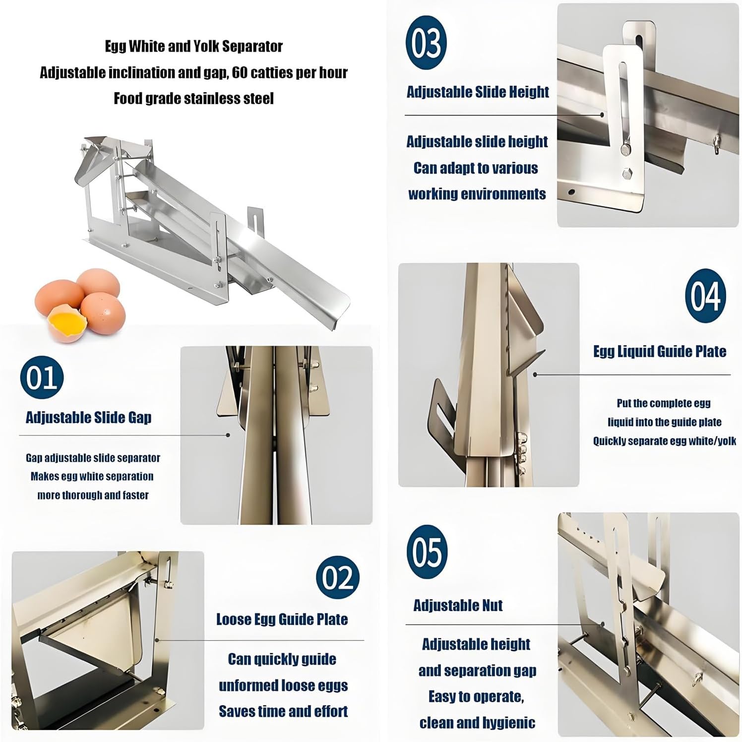 Commercial Egg Liquid Filter, 304 Stainless Steel Chicken Yolk Separator Machine, Adjustable Height, 500-800 Eggs/H Output, Efficient Protein Separator for Food Industry