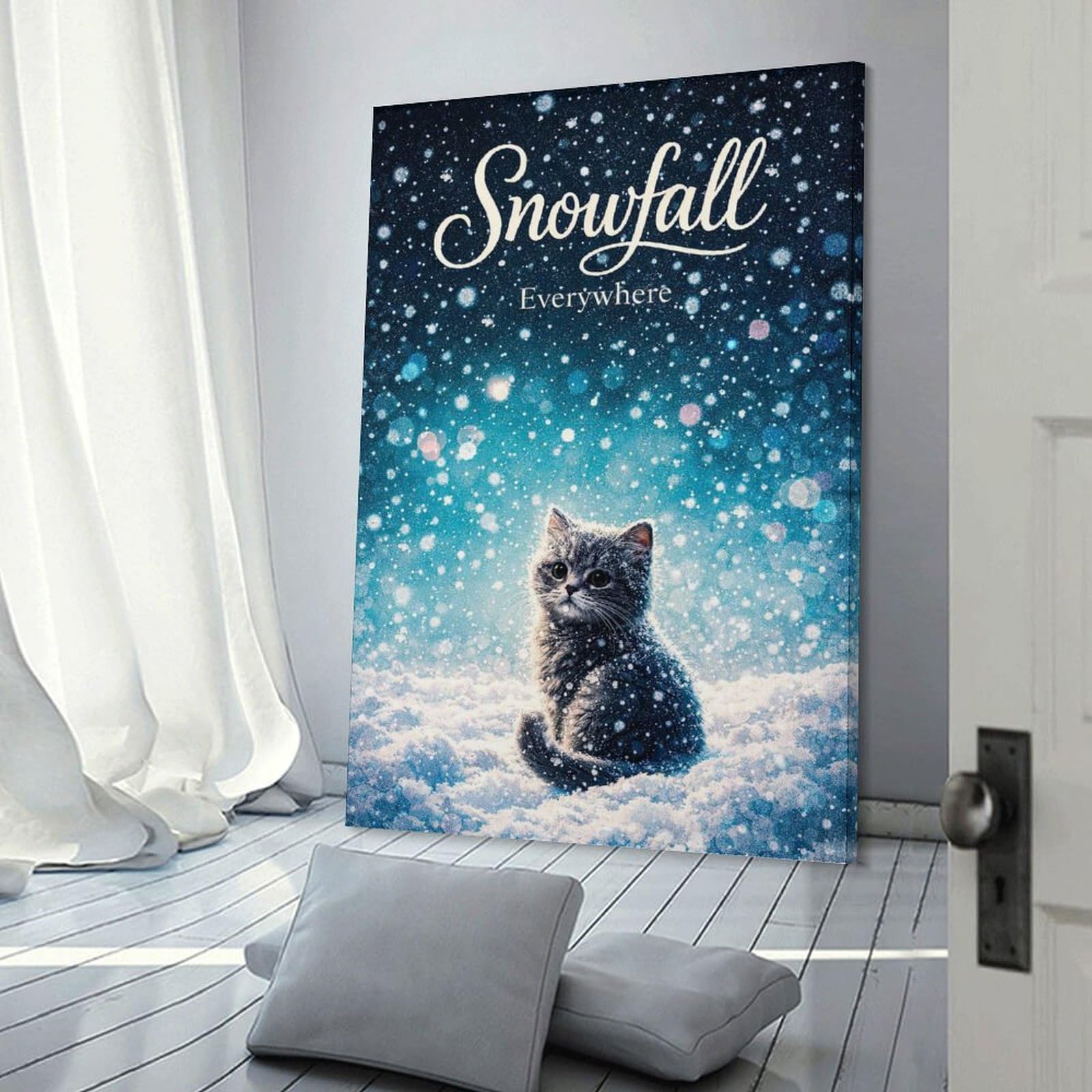 Junmoney Cute Kitten in Snowfall Canvas Wall Picture 24x36inch(60x90cm), for Living Spaces, Bedrooms Or Relaxed Rooms, Modern Wall Decor for Cosy Interiors