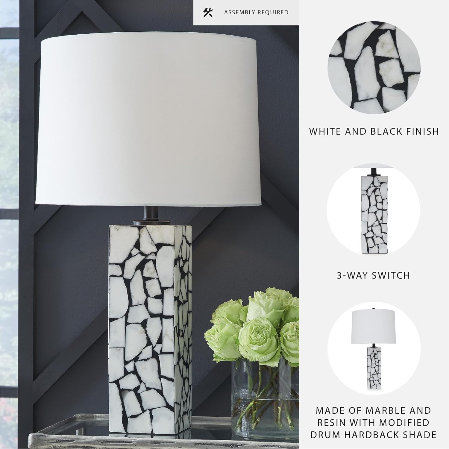 Signature Design by Ashley Macaria Modern Table Lamp with 3-Way Switch, White & Black