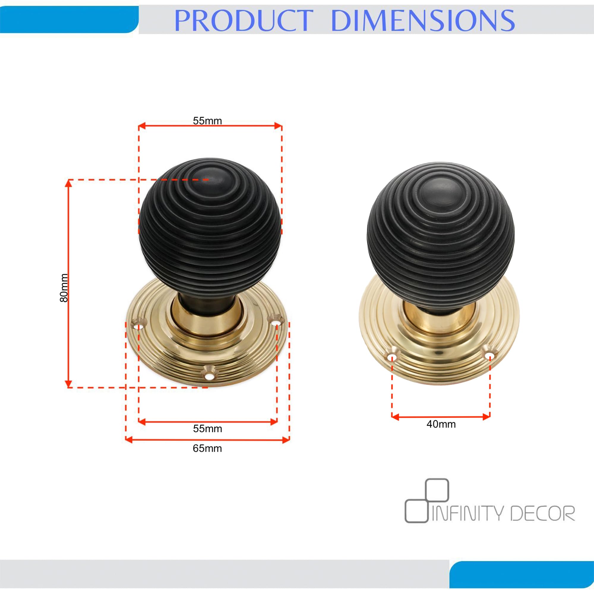 Infinity Decor Victorian Pure Ebony Wooden Beehive Mortice Rim Door Knobs Pull Handles on Polished Brass Rose 55mm - Image 3