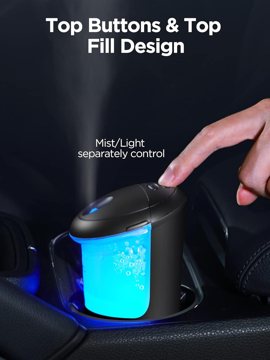 A hand pressing the mist button on the top of the InnoGear Car Diffuser, which is placed in a car's cup holder.