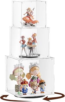 Rotating Acrylic Display Case for Figures - 3 Tier Stackable Storage Bins with Magnetic Door,Acrylic Boxes for Display, Clear Storage Box for Collectibles Cosmetic Perfume Organizer,Home Or Office