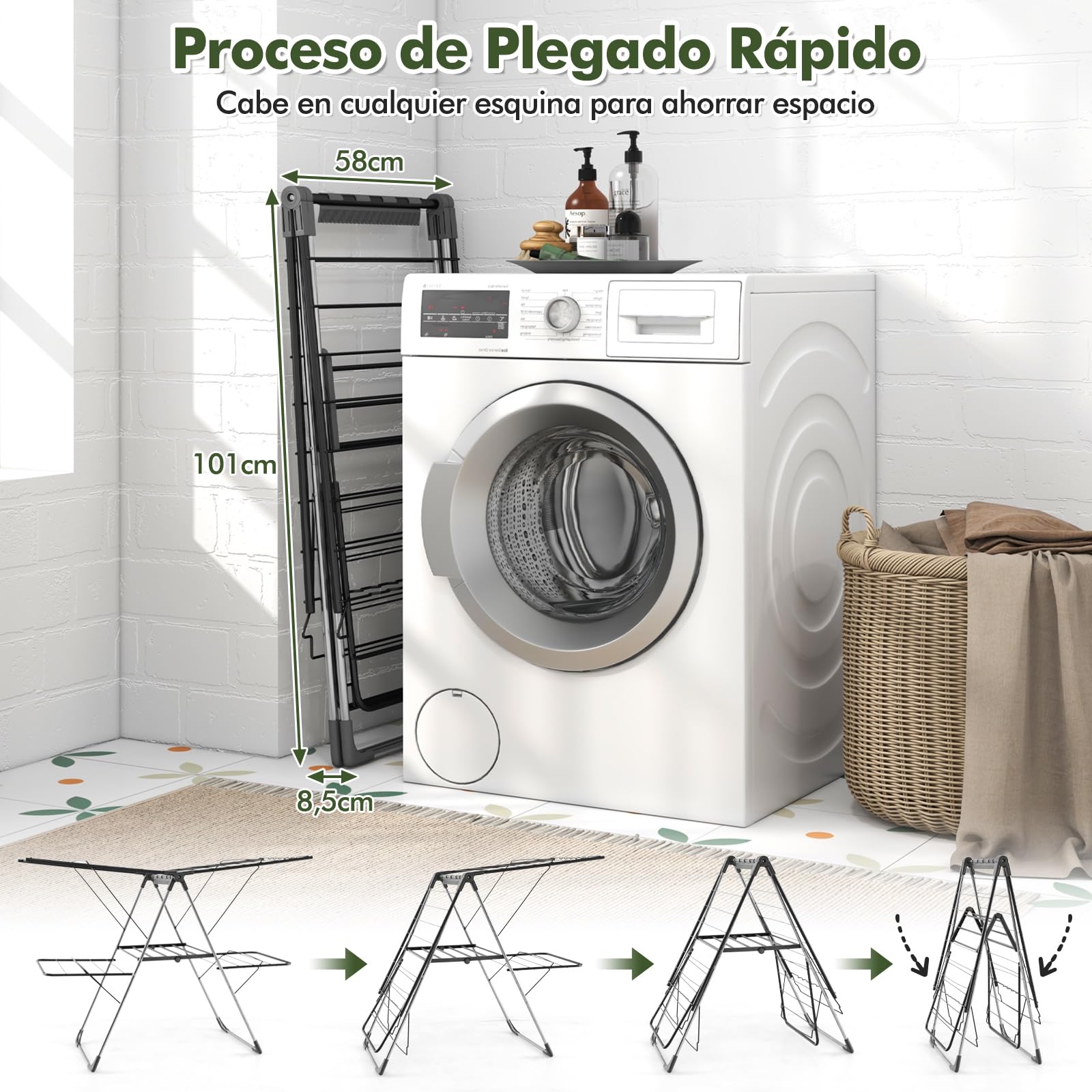 COSTWAY Tendedero de Ropa de 2 Niveles, Estante Plegable para Ropa con 33 Barras de Secado, Alas Ajustables, Clips para Calcetines, Patas de Acero Inoxidable, Uso Interior y Exterior