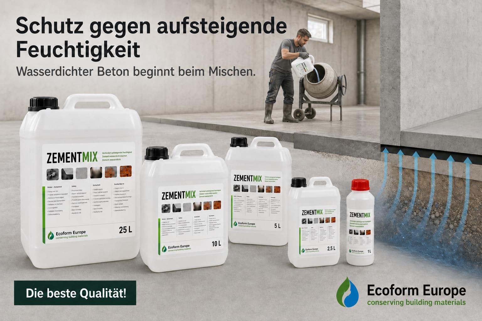 Zementmix 25 Liter – Beton wasserdicht machen – Zementzusatz gegen Feuchtigkeit – Für Keller, Beton, Mörtel und Estrich