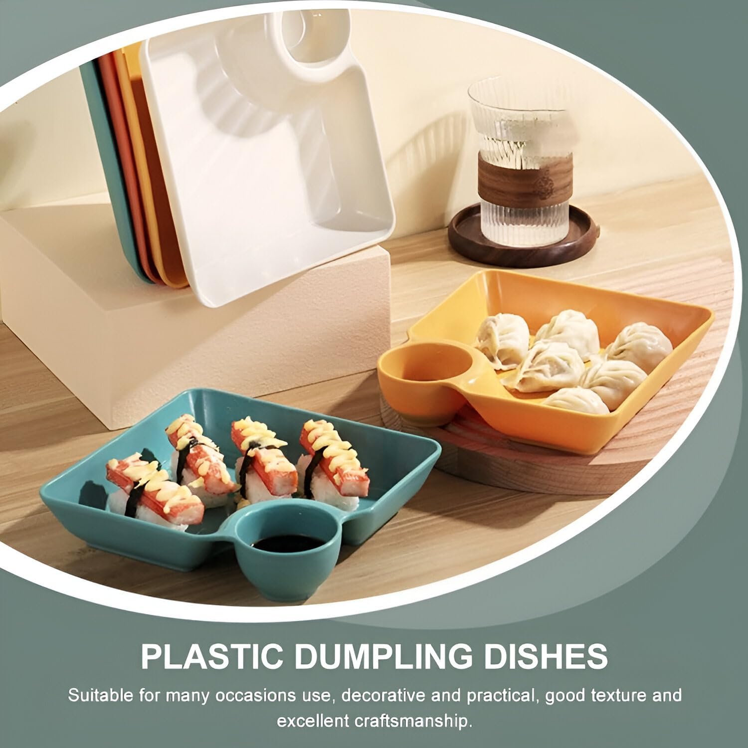 Jeyux Divided Chip and Dip Plates with Round Sauce Holder | Snack Serving Tray for Chips, Salsa, Dips, Fruits, Desserts | Reusable Party Plates for Picnic or Dining Table (Green, Pack of 2) 4