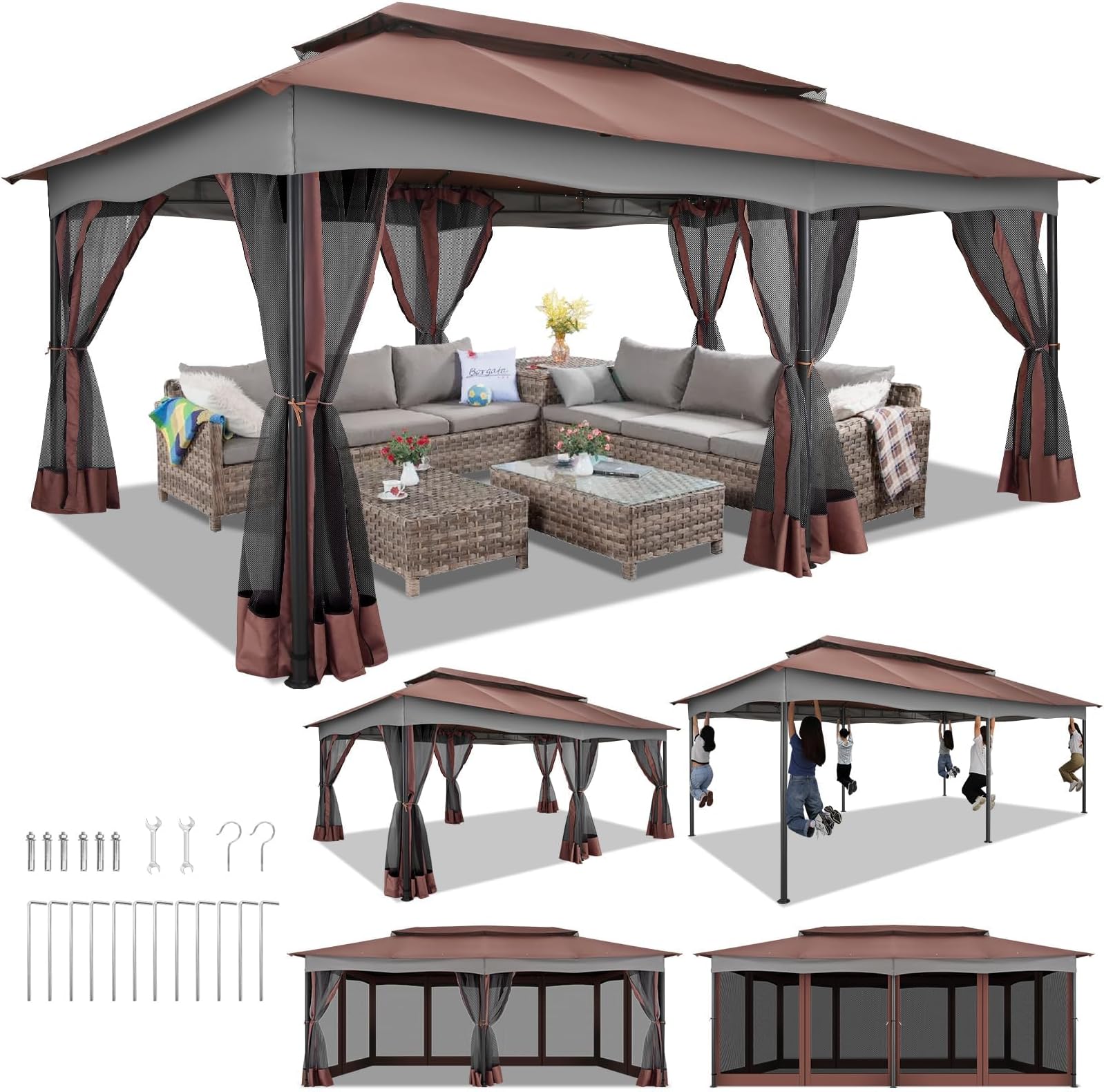 Hoteel10x20 Gazebo Outdoor Gazebo, Patio Gazebo Canopy Shelter with Nettings, Outdoor Canopy with Metal Steel Frame Suitable for Lawn, Garden, Backyard & Deck,Brown