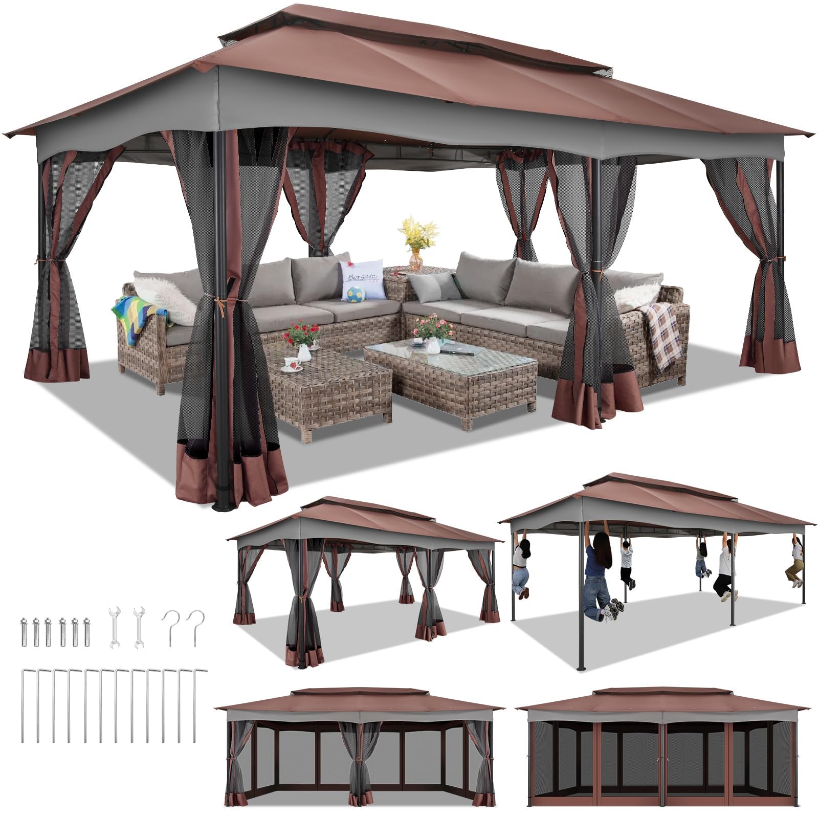 Hoteel10x20 Gazebo Outdoor Gazebo, Patio Gazebo Canopy Shelter with Nettings, Outdoor Canopy with Metal Steel Frame Suitable for Lawn, Garden, Backyard & Deck,Brown