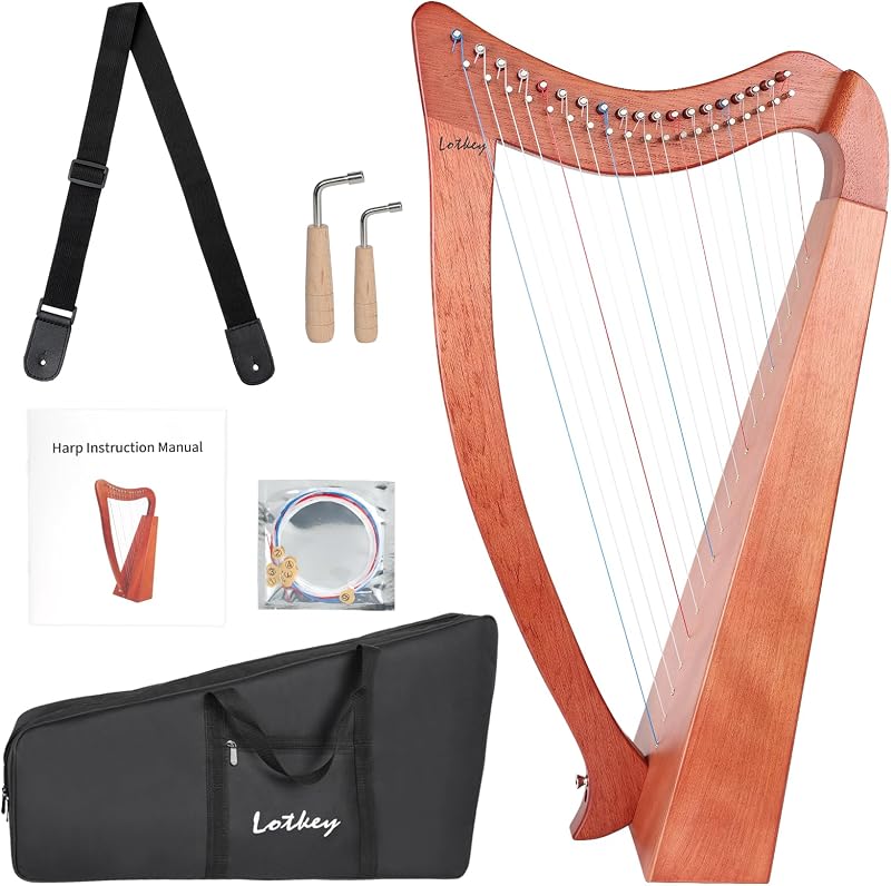 LOTKEY 19 Strings Harp, Solid Mahogany Harps 29'' W/Gig Bag,Tuning Wrench,Straps,Instruction for Professional Lyre Harp Player,Beginner,Adults F3 G3 A3 B3 C4 D4 E4 F4 G4 A4 B4 C5 D5 E5 F5 G5 A5 B5 C6
