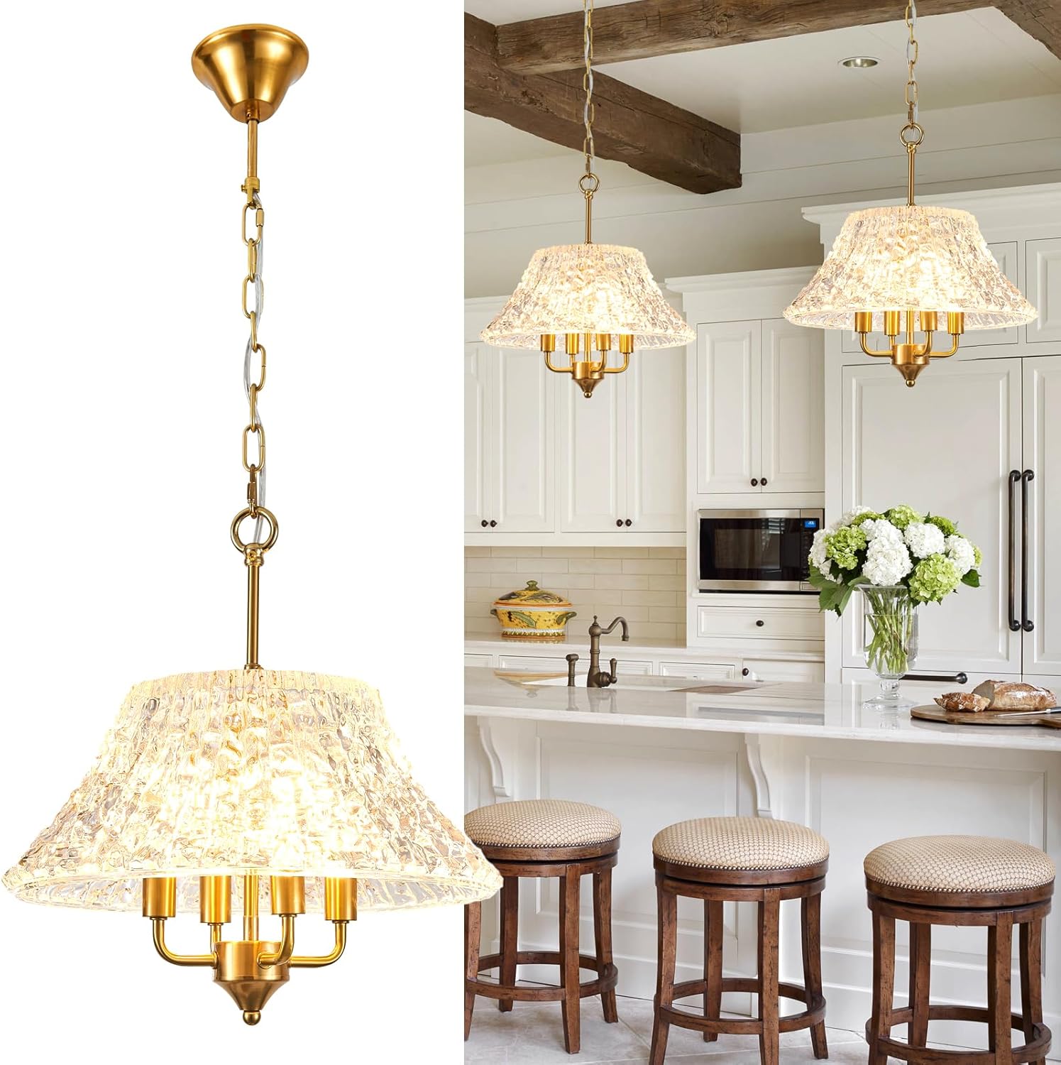 Modern Crystal 16" Gold Pendant Light Fixture for Kitchen Island,Luxury 4-Light Chandeliers Water Ripple Glass Ceiling Hanging lamp for Dining Room Living Room Foyer Entryway Bedroom