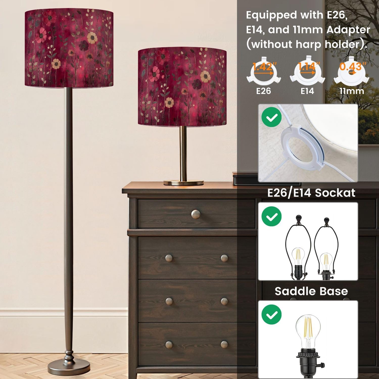 Drum Lamp Shade Red Floral Burgundy Leaf Vintage Boho Flower Colorful Flowers Delicate Lampshade 13"x13"x10" for Table Lamps Floor Lamps Pendant Light Replacement Linen Lamp Shade Assembly Required