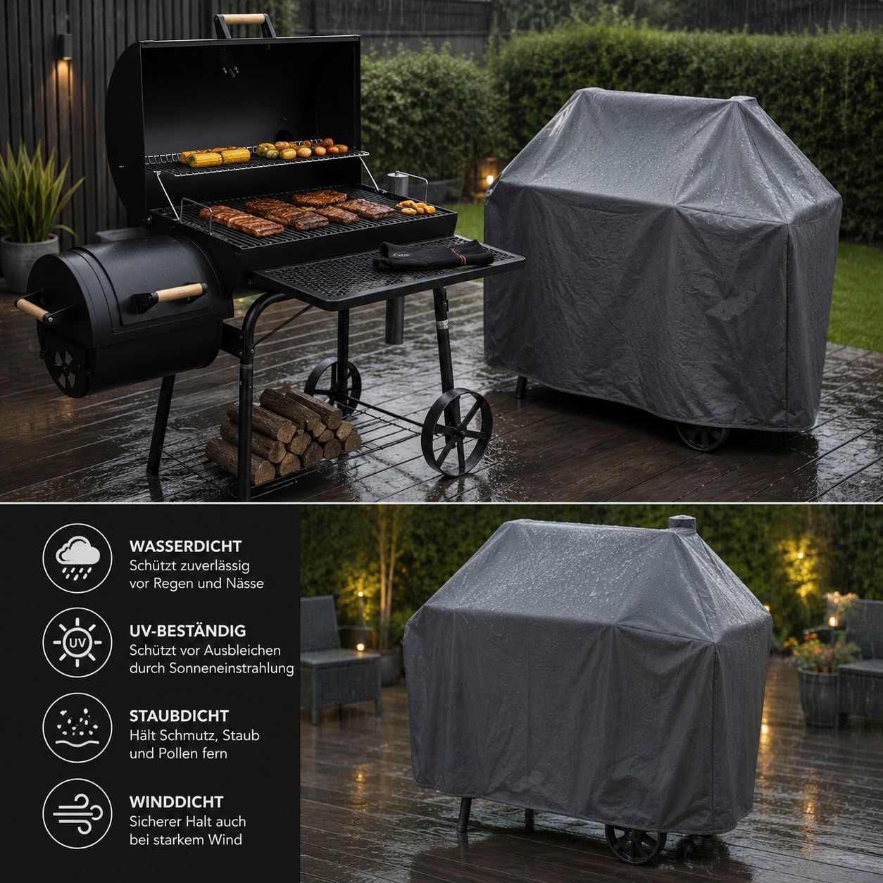 30 Kg Smoker Grill mit Abdeckhaube XL BBQ Smoker GRILLWAGEN Holzkohle Grillkamin Standgrill Räucherofen Zubehör Holzkohlegrill Schwarz Räuchergrill mit Thermometer & Rädern Deckelthermometer
