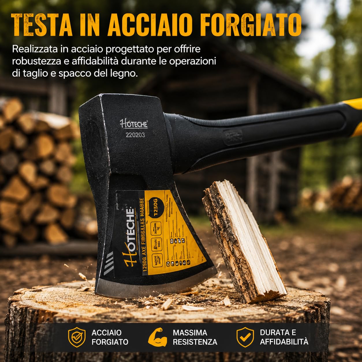 Mazza Accetta Spaccalegna 1250 g Manico 80 cm ABS Antiscivolo Ascia Legna Acciaio Forgiato Lama Temperata 13 cm
