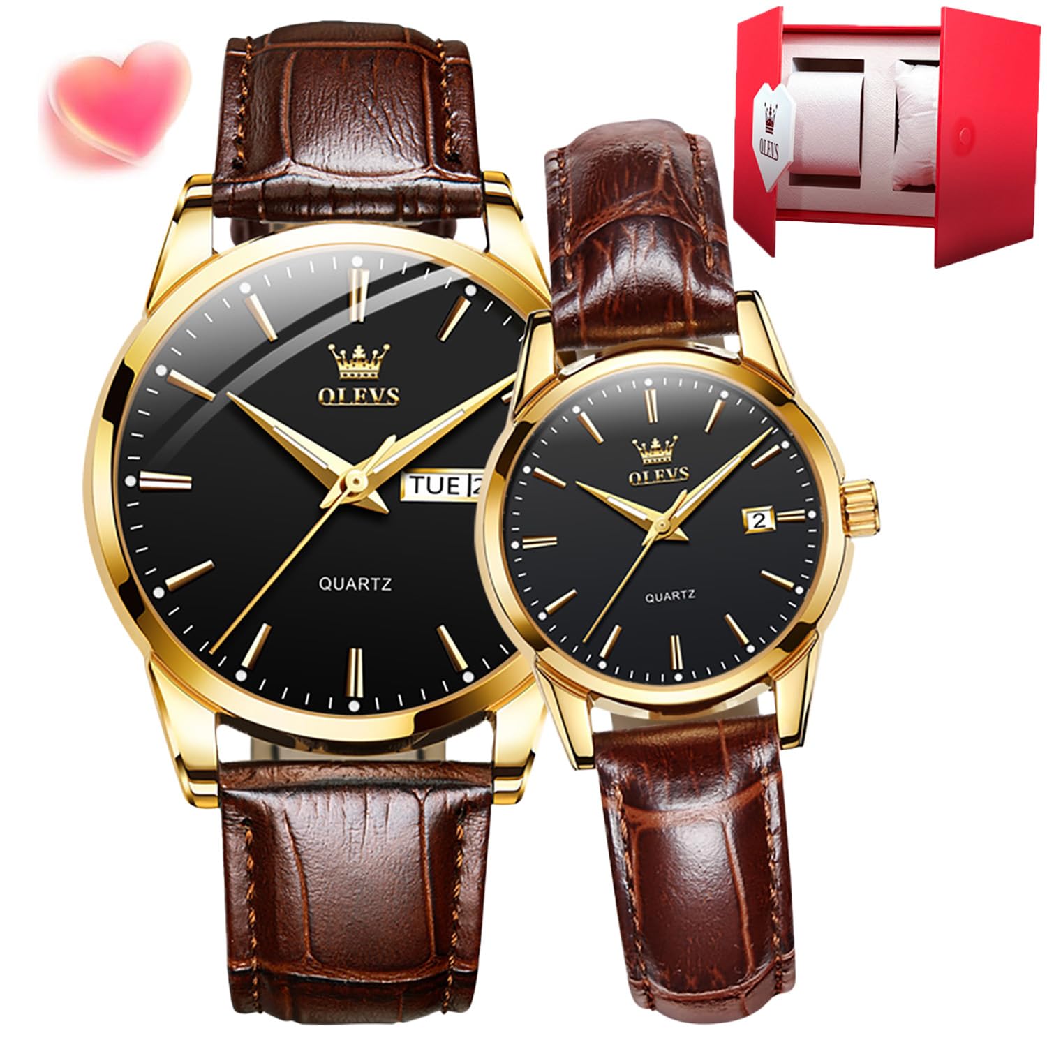 OLEVS Pärchen-Armbanduhr, Quarz, Nachtlicht, Kalender, Datumsfenster, 3 ATM, wasserdicht, lässiges Lederarmband, für Damen und Herren, Paaruhr, Hochzeit, romantisches Geschenk, IN-6898 Paar – Gold