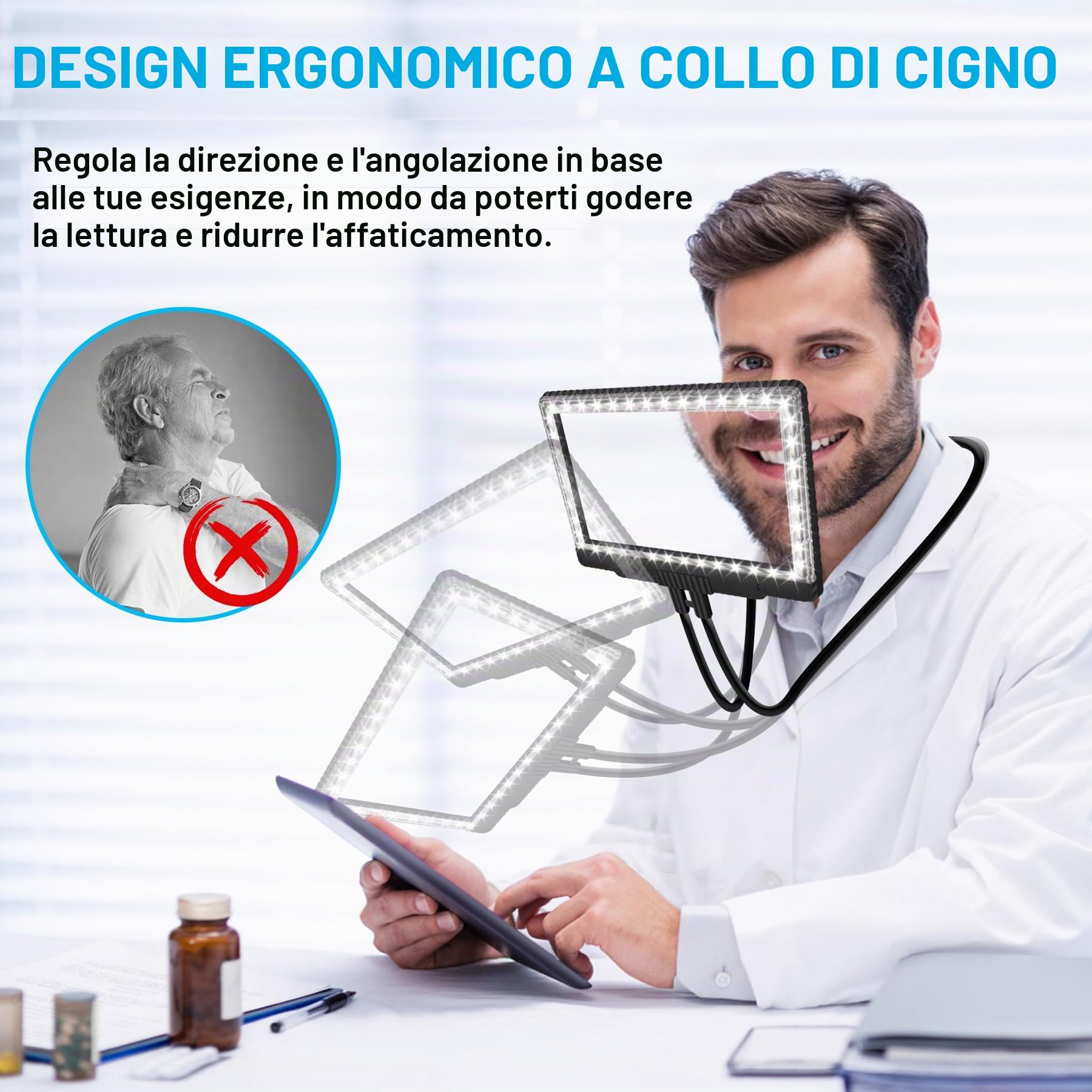 Lente d'ingrandimento 5X a mani libere con luce 43 LED ultra luminosi, lente d'ingrandimento grande per lettura, lente d'ingrandimento flessibile a collo d'oca per riparazione collo usura cucito
