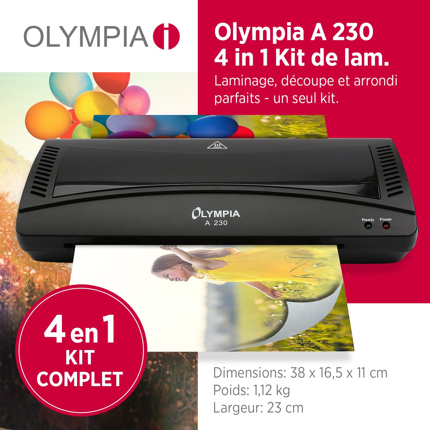 Olympia Plastifieuse A4 4 en 1 avec arrondisseur d'angle, coupe-papier et films de plastification