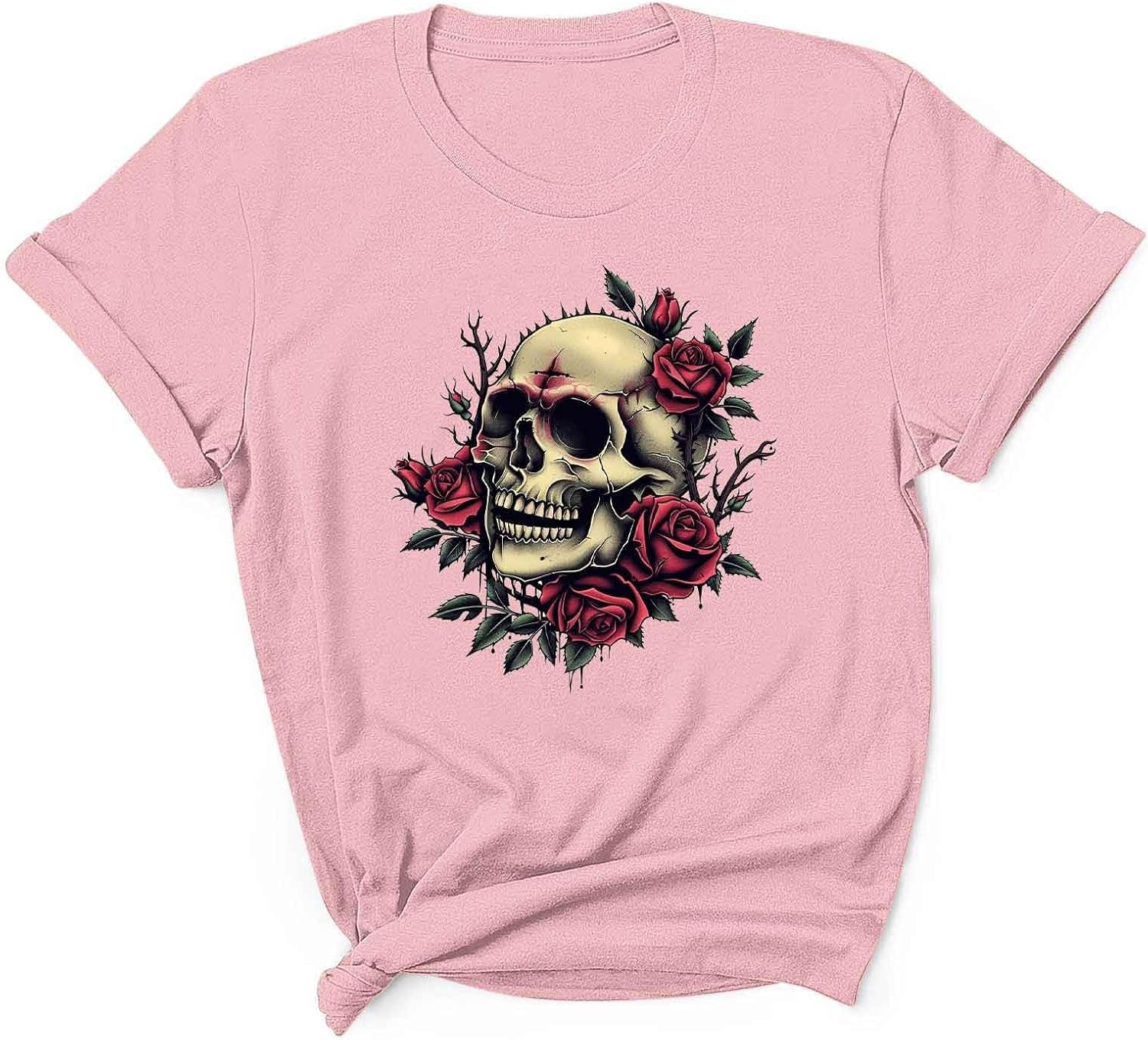 Womens Vintage Floral Skull Graphic Tee Shirts Summer Short Sleeve Tops Oversized Tshirts Trendy Casual Loose Blouse