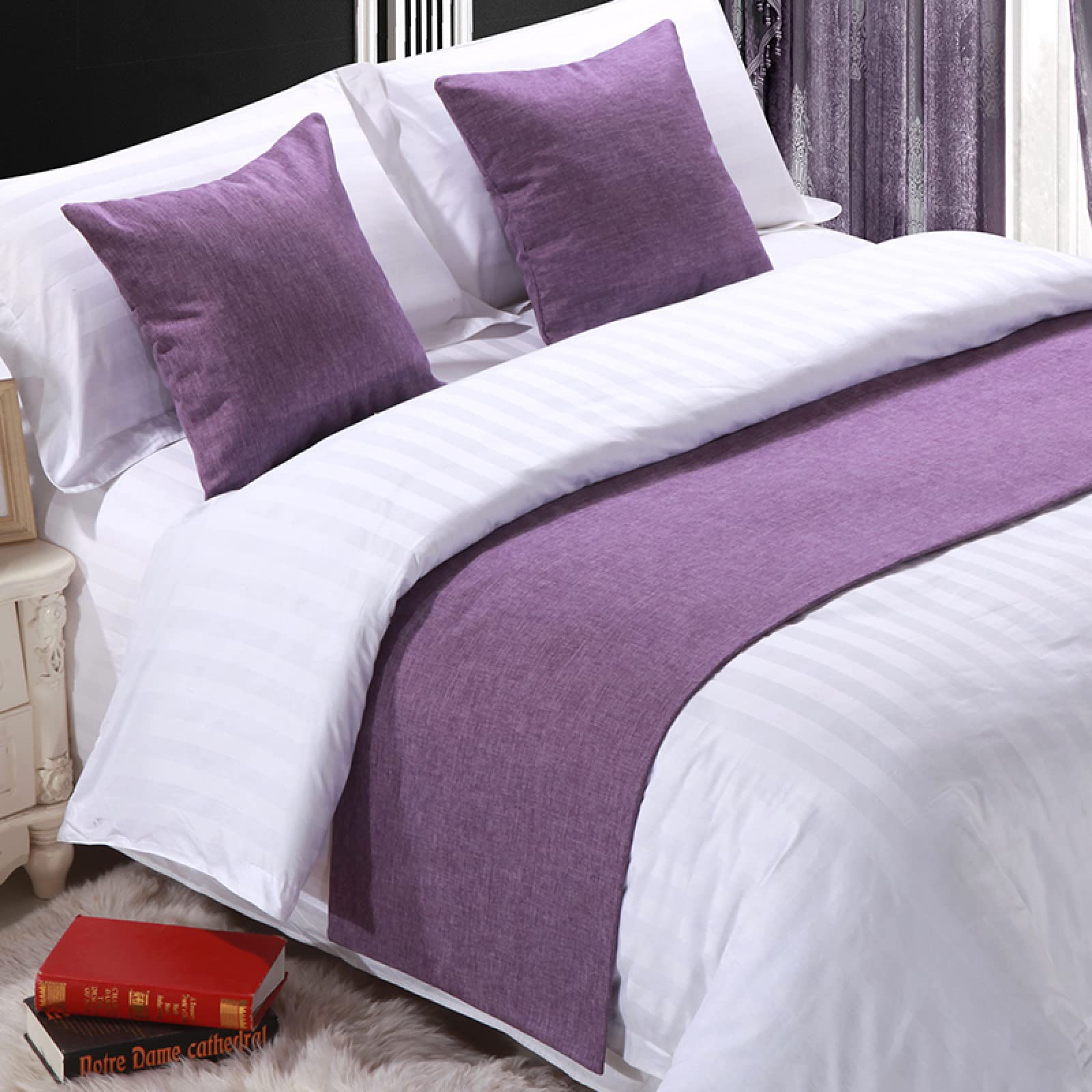 GZQIAWY Bedspread Bed Runner Throw Home Hotel Plain Thick Cotton Linen Solid Color Bedroom Tail Towel Protector Bedding Decor Bed Purple 50 x 260cm (Bed Scarf Only)