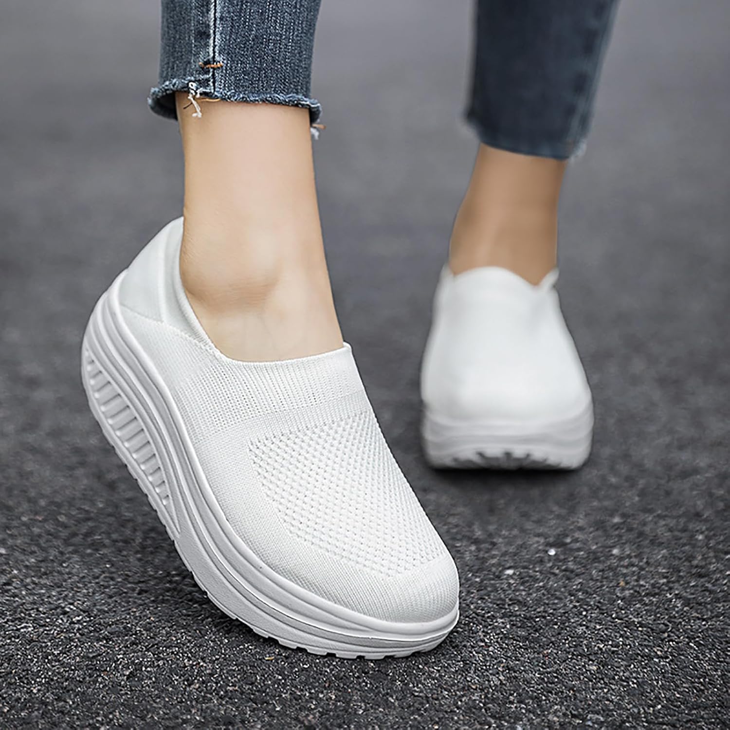 Women's Knitted Platform Slip On Walking Sneakers,Comfort Lightweight Arch Support Non Slip Casual Mesh Breathable Workout Work Shoes - Image 8