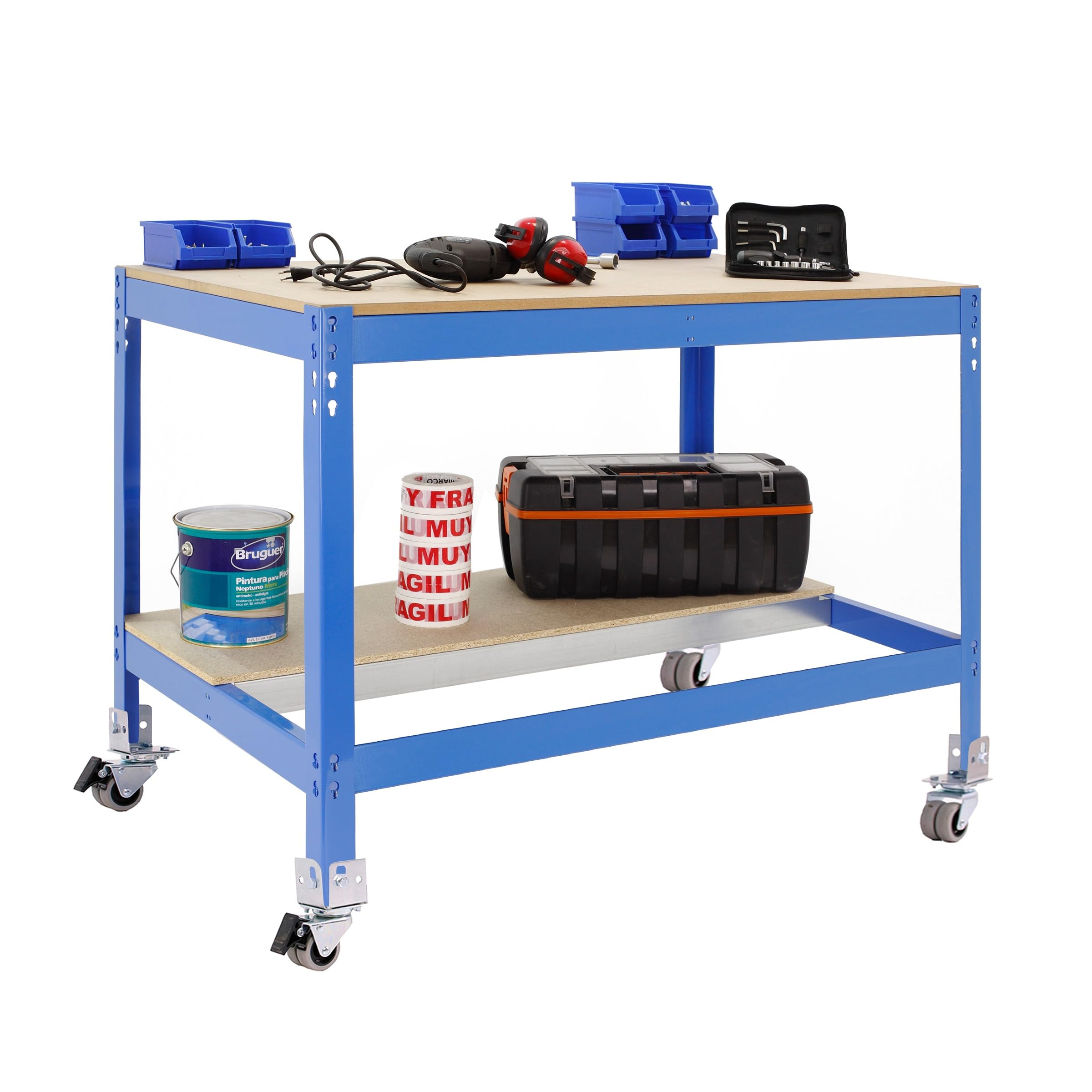 Simon Rack Mesa de Trabajo Taller con Ruedas 910x610 mm - BT0 | Capacidad Carga 120 kg, Tablero madera 16 mm, Pintura anticorrosión, Azul , Montaje sistema clic