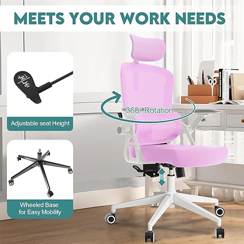 Miniatura 14 de Silla de oficina ergonómica, silla de escritorio ajustable de malla resistente con ruedas, reposabrazos y soporte lumbar, cómoda silla para oficina