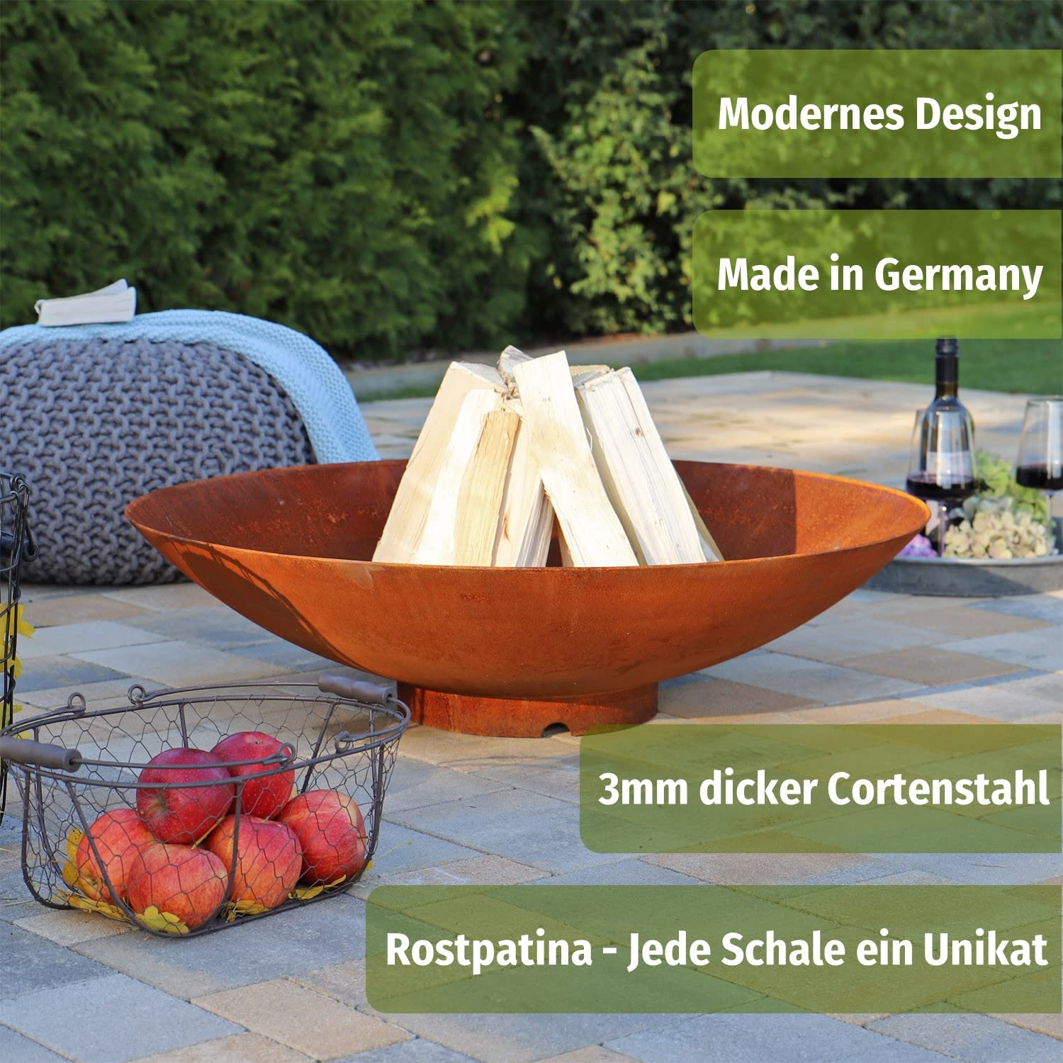 CLGarden 80cm Feuerschale robust aus 3mm Cortenstahl CFS80 Made in Germany Rost Schale Feuerstelle rund 80 groß