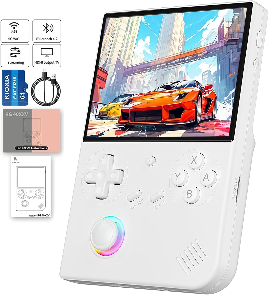 RG40XX V Handheld Game Consoles RG40XXV Retro Game Console Built-in 64G TF Card RG 40XXV Portable Gaming Console Linux 64-bit System Supports WiFi Bluetooth HDMI and TV Output Black White