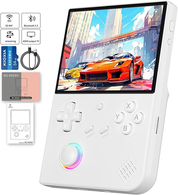 RG40XX V Handheld Game Consoles RG40XXV Retro Game Console Built-in 64G TF Card RG 40XXV Portable Gaming Console Linux 64-bit System Supports WiFi Bluetooth HDMI and TV Output Black White