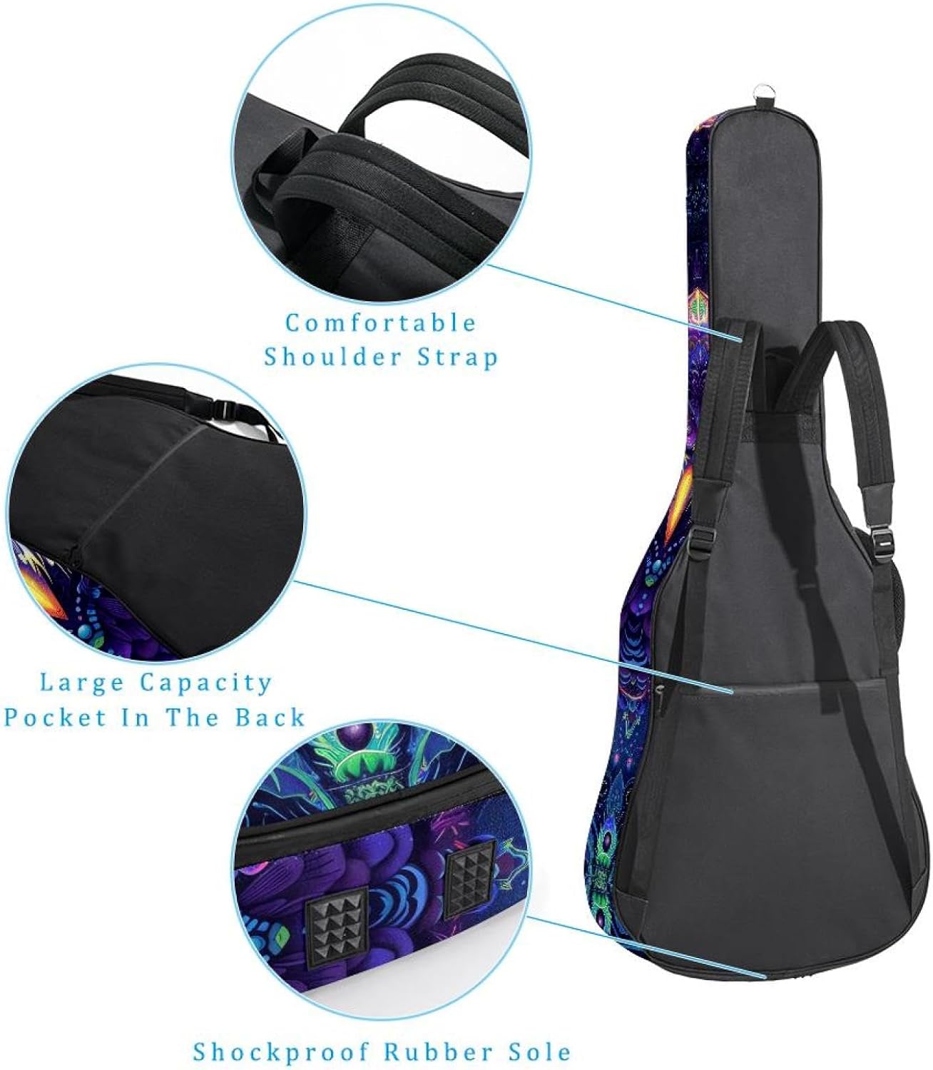 Purple Owl Art Pattern Acoustic Guitar Gig Bag, 1 cm Thick Padding Waterproof Guitar Bag Backpack for 40 41 42 Inch Electric Bass Classical Guitars