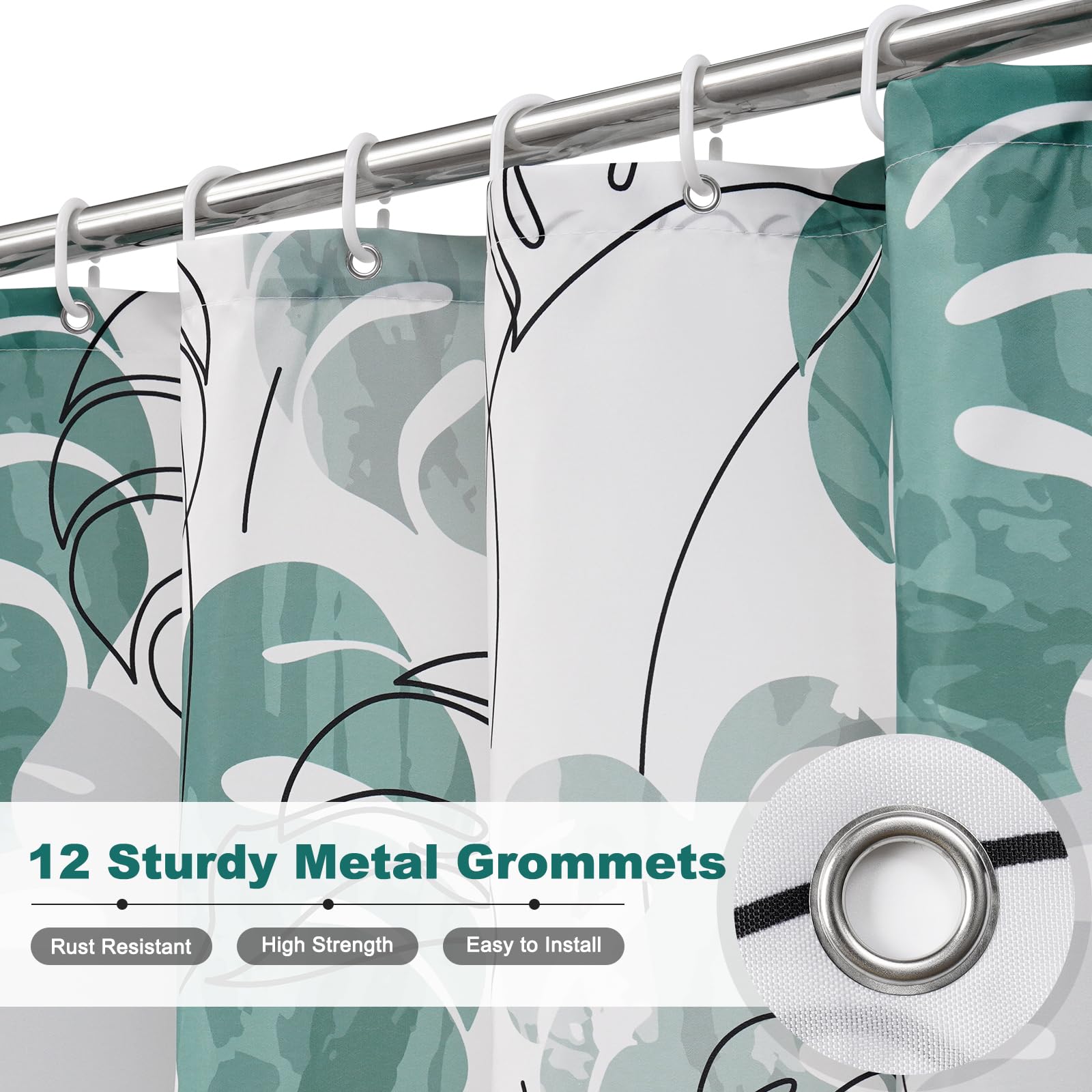 EurCross Green Shower Curtains, Tropical Leaves Bathroom Curtain Anti Mould - Image 2