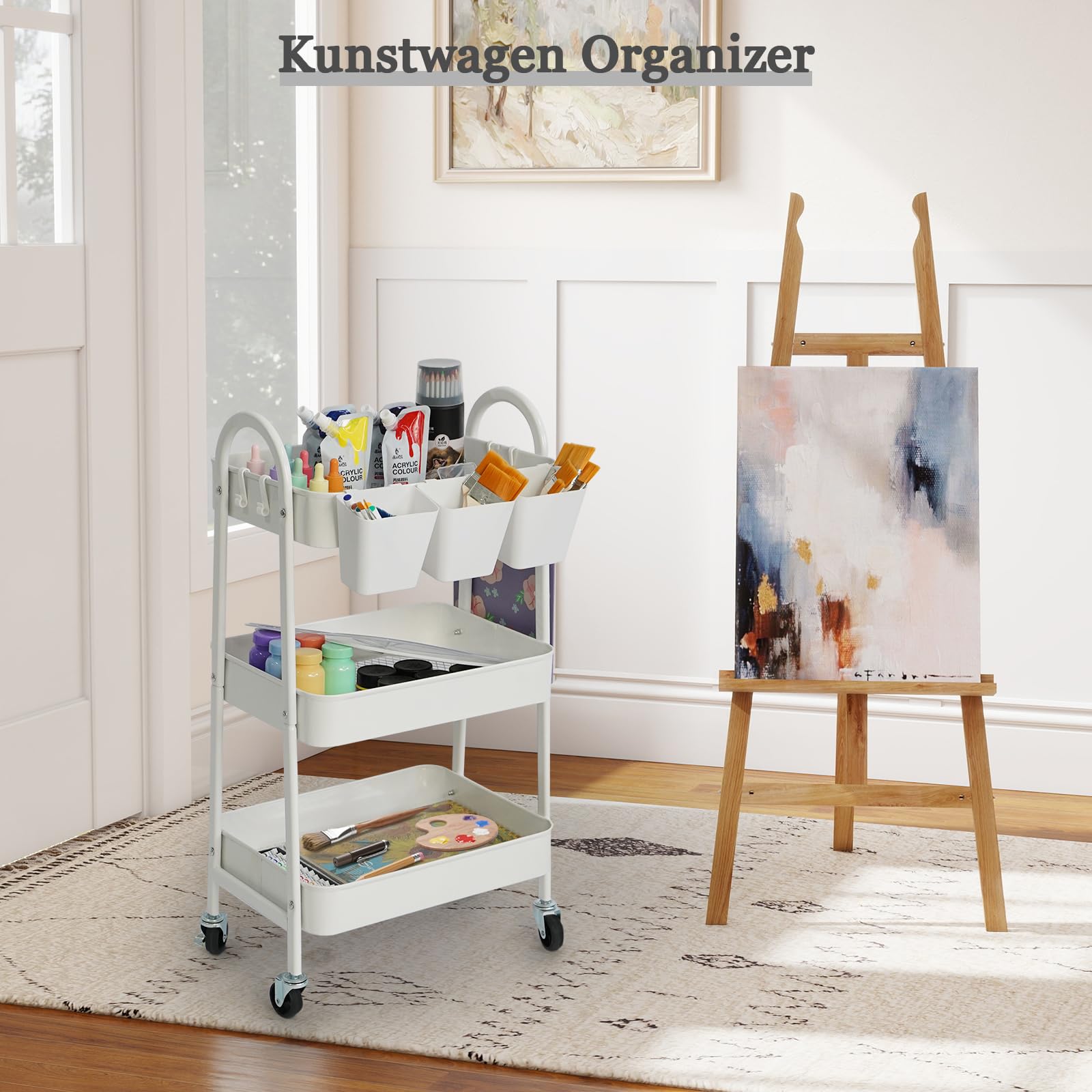 danpinera Carrello a 3 ripiani, in metallo, con ruote bloccabili, tazze e ganci appesi, carrello mobile per cucina, bagno, ufficio, officina, bianco