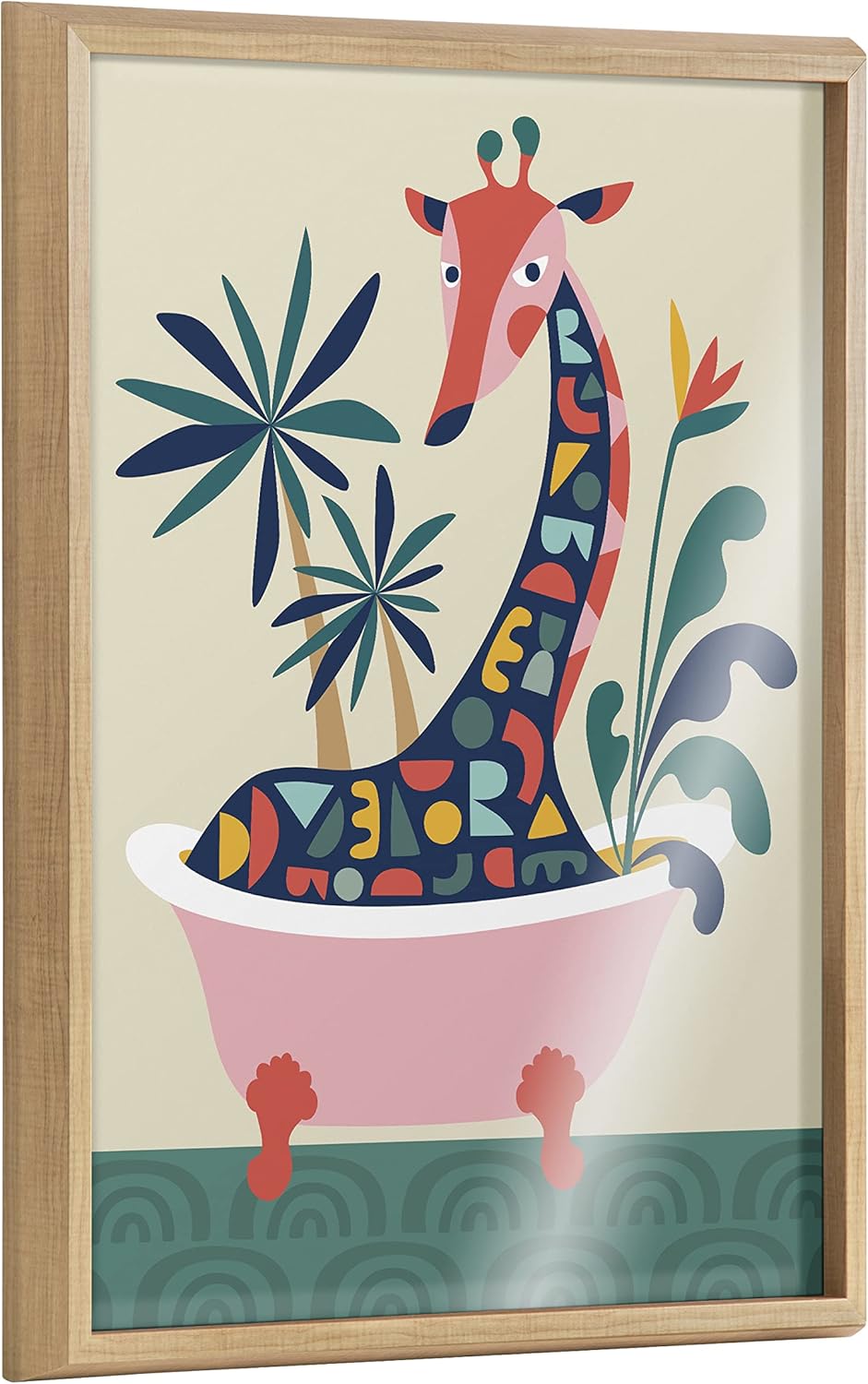 Kate and Laurel Blake Mid Century Modern Giraffe in Bathtub Framed Printed Glass Wall Art by Rachel Lee of My Dream Wall; 18x24 Natural; Decorative Colorful Animal Art for Wall