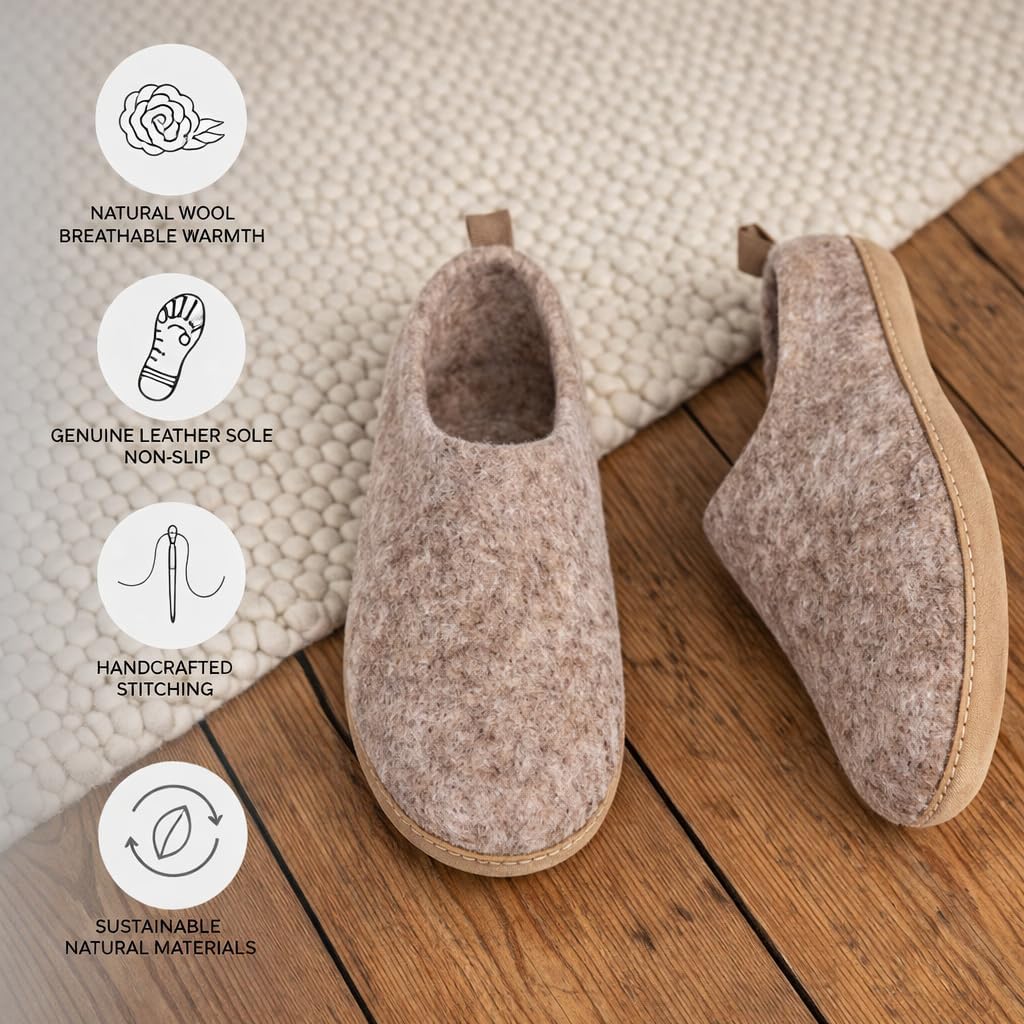 Wool Indoor Slippers - Natural Organic Wool, Genuine Leather Sole, Handmade in Nepal - Cozy, Warm, Soft, Unisex Non-Slip House Shoes for Men & Women - Perfect for Winter Comfort - Image 7