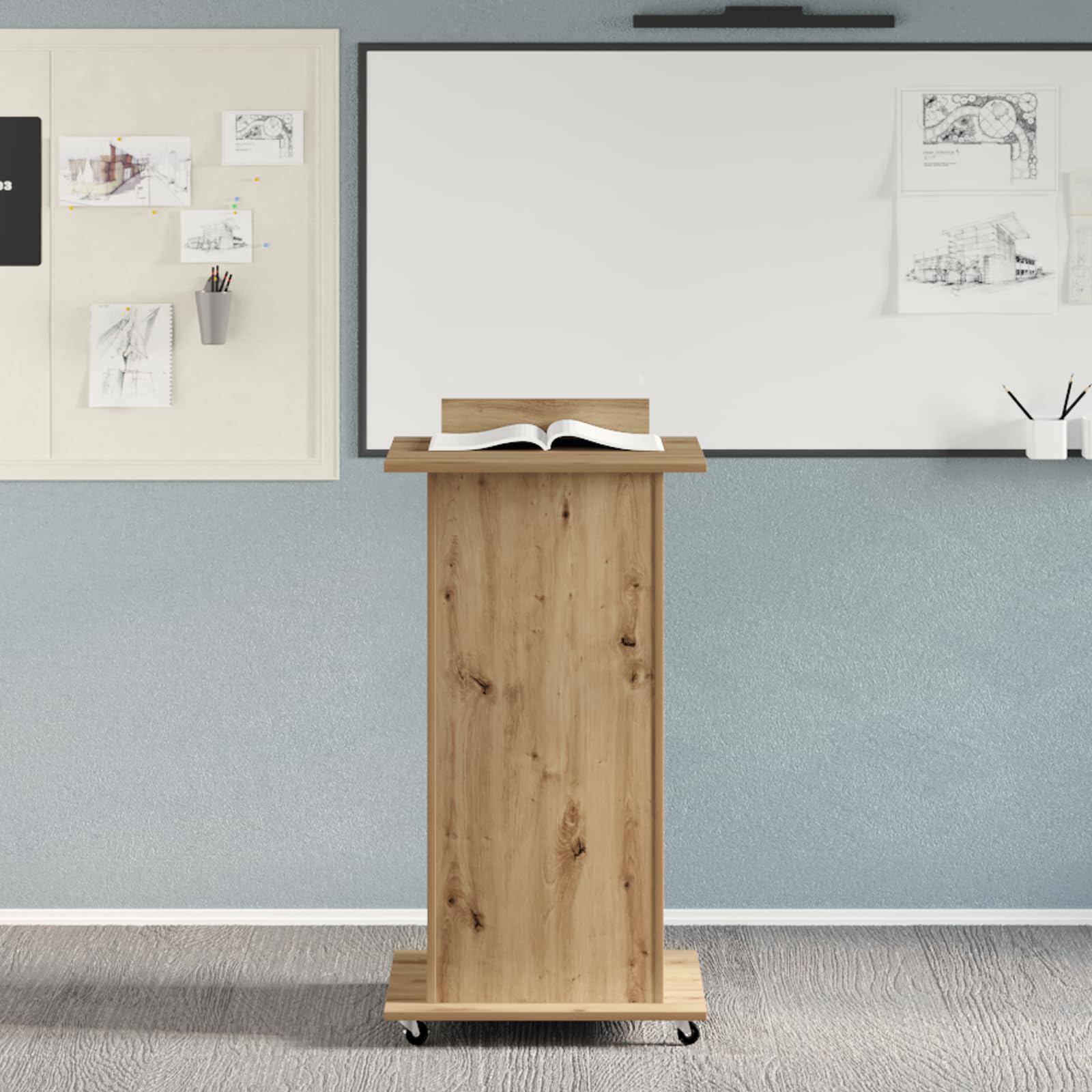 Rednerpult mit Rollen Artisan Eiche Holzwerkstoff - Mobiler Computertisch mit Stauraum und glatter Oberfläche für Homeoffice und Büro