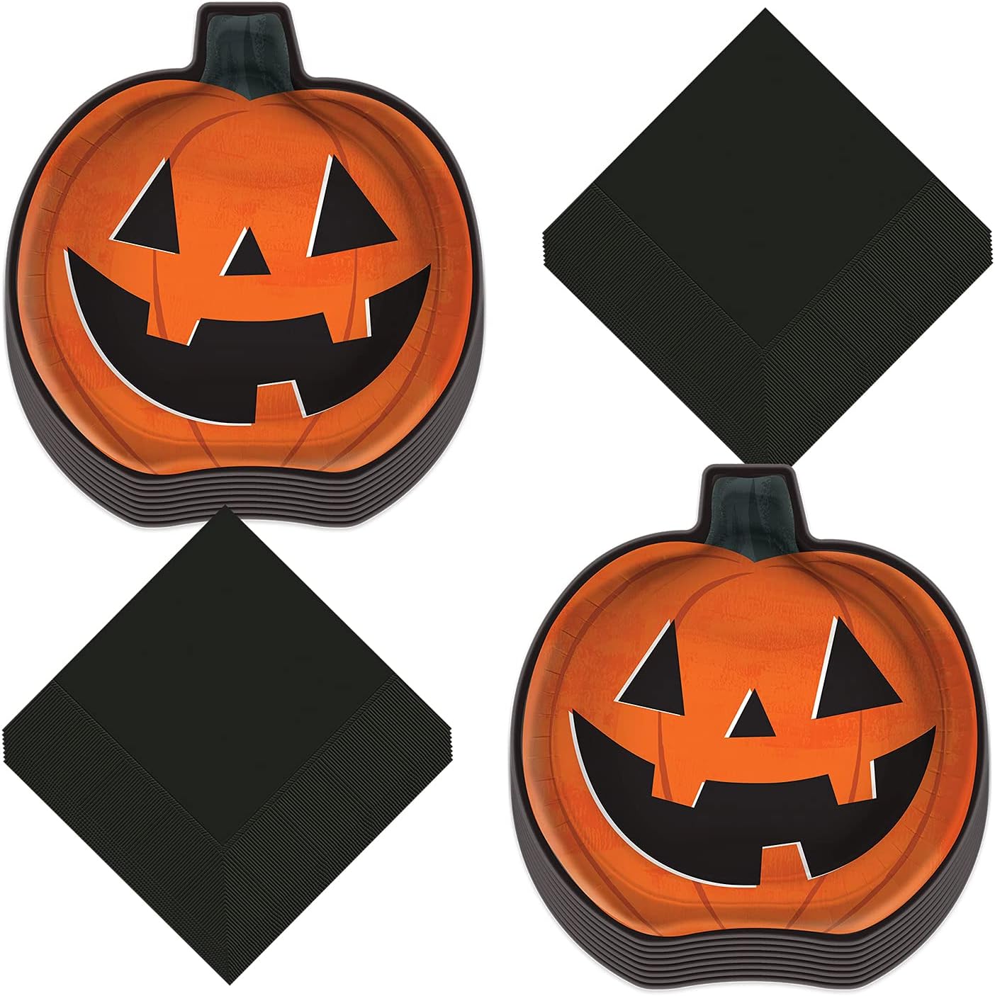 Halloween Party Supplies - Large Pumpkin Shaped Paper Dinner Plates & Black Lunch Napkins (Set of 16)