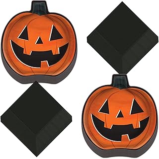 Halloween Party Supplies - Large Pumpkin Shaped Paper Dinner Plates & Black Lunch Napkins (Set of 16)