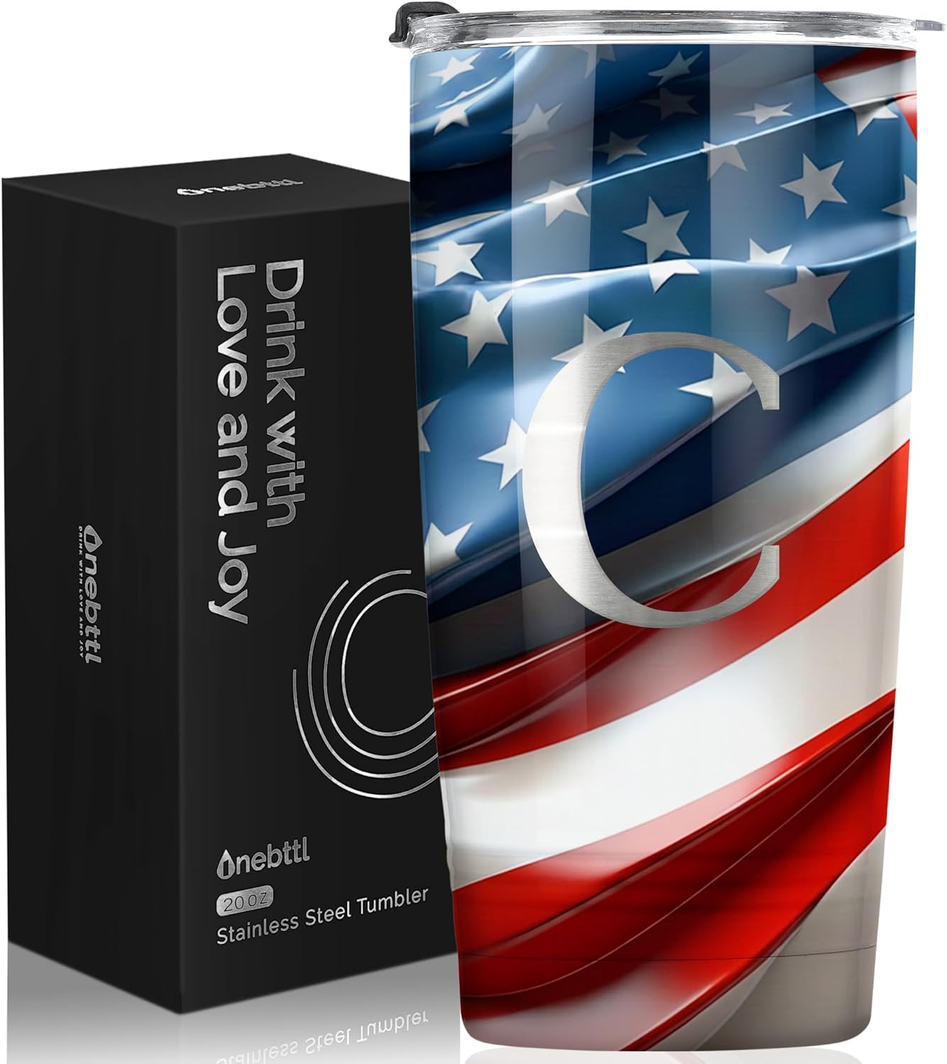 Onebttl Personalized Gifts for Men, Initial Birthday Gifts for Men, Grandpa, Uncle, American Flag Tumbler, 20oz Insulated Stainless Steel Tumbler - J