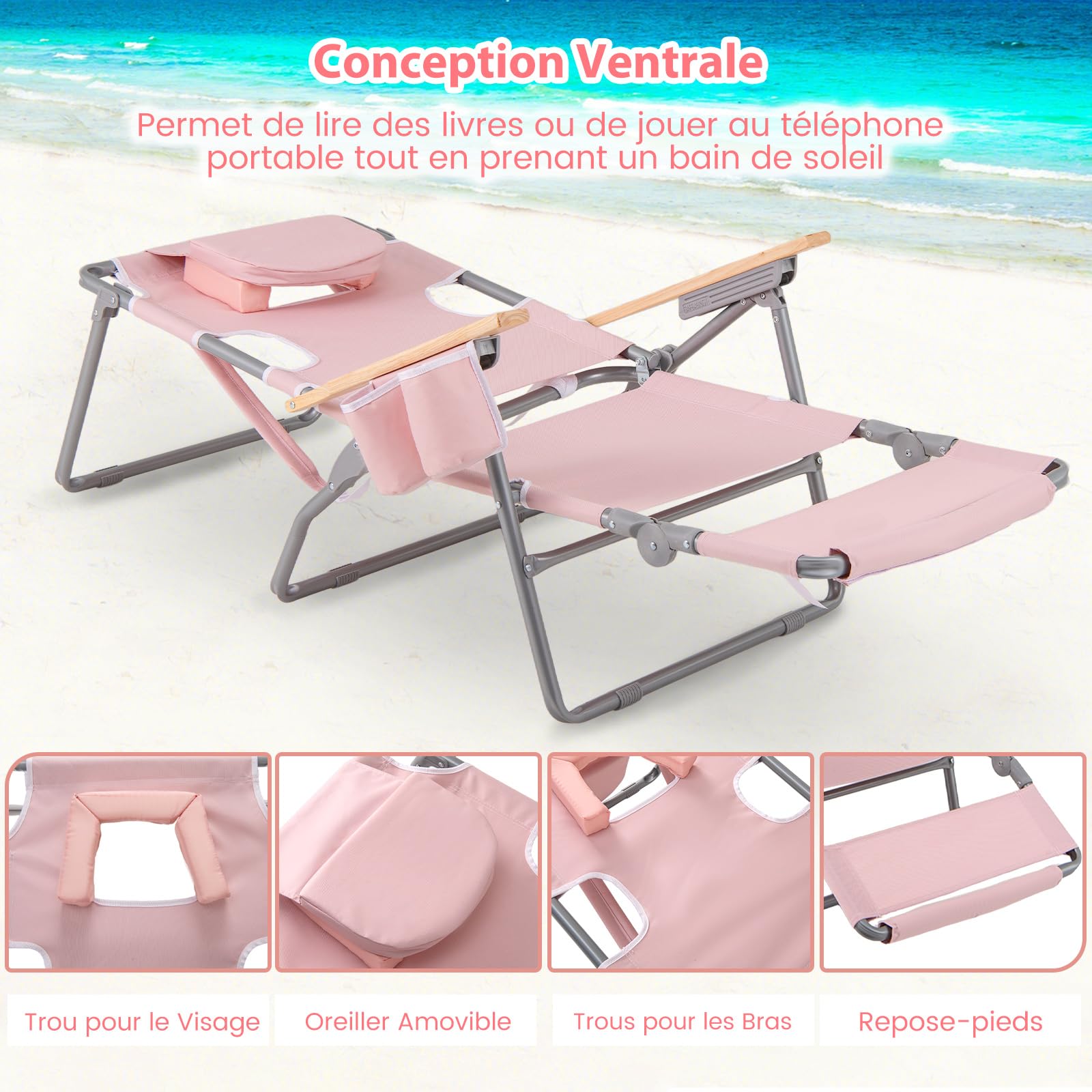 COSTWAY 3 en 1 Chaise Longue Pliante, Réglable en 4 Positions, Rose Pâle