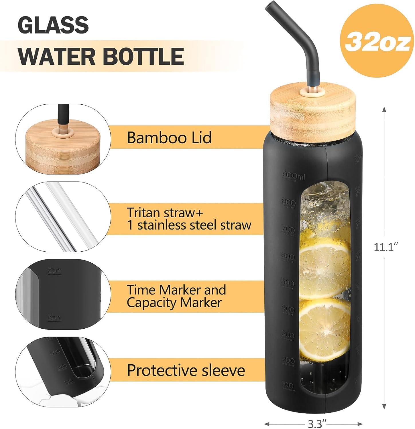 32oz Glass Water Bottle with Straw and 2 Lids- Bamboo and Spout Lid,Motivational Sports Water Bottle with Silicone Sleeve and Time Marker,Reusable for Gym, Outdoors, Black