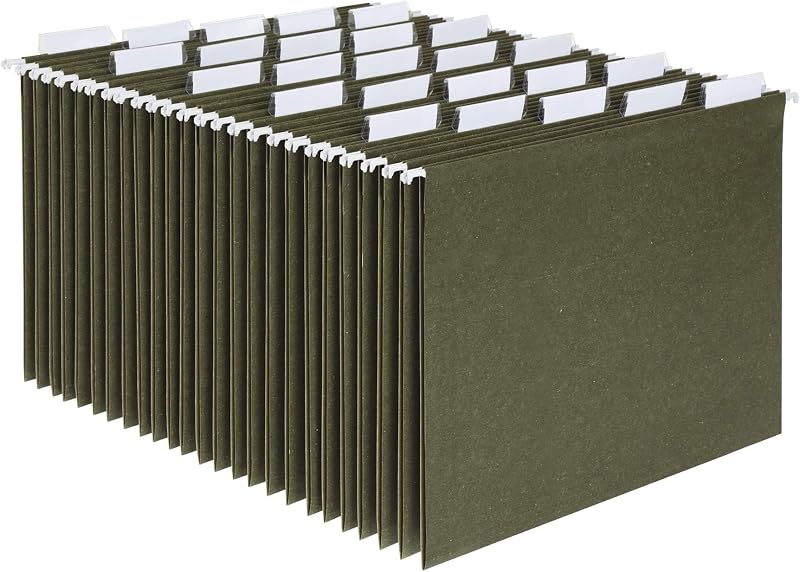 Recycled Hanging File Folders, 25 Pack, Green, Letter Size (8.5" x 11"), 5 Tab Positions, Includes Tabs and Inserts, Eco-Friendly Hanging Files for Office and Document Organization