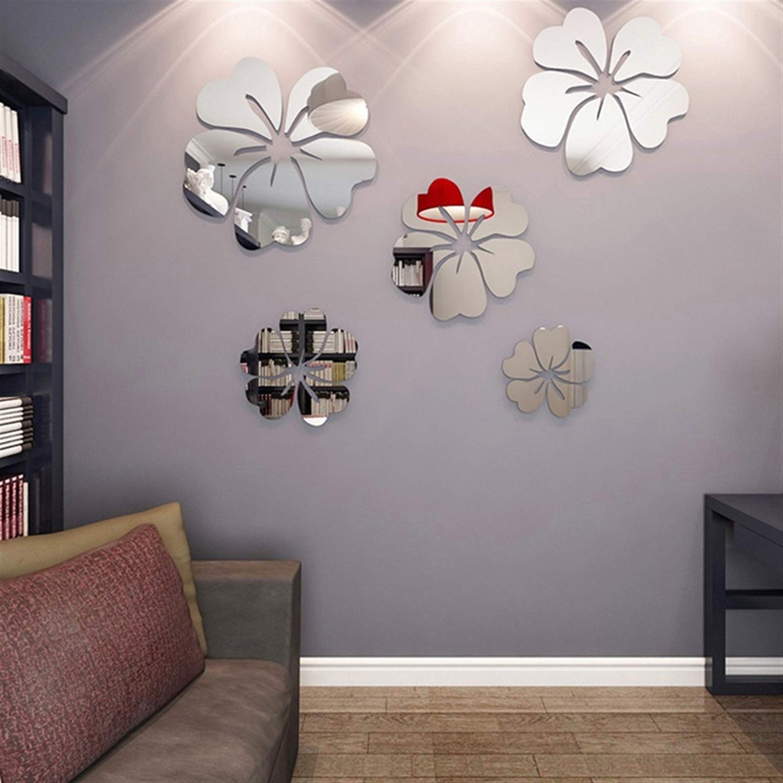 Five Hibiscus Flowers 3D Efecto Espejo Efecto Muro Vinilo Arte Etiqueta Etiqueta de Pared Acrílico Mural TV Sofá Fondo Wall Home Decor Etiqueta (Color : Sliver, Size : Large 5 Flowers)