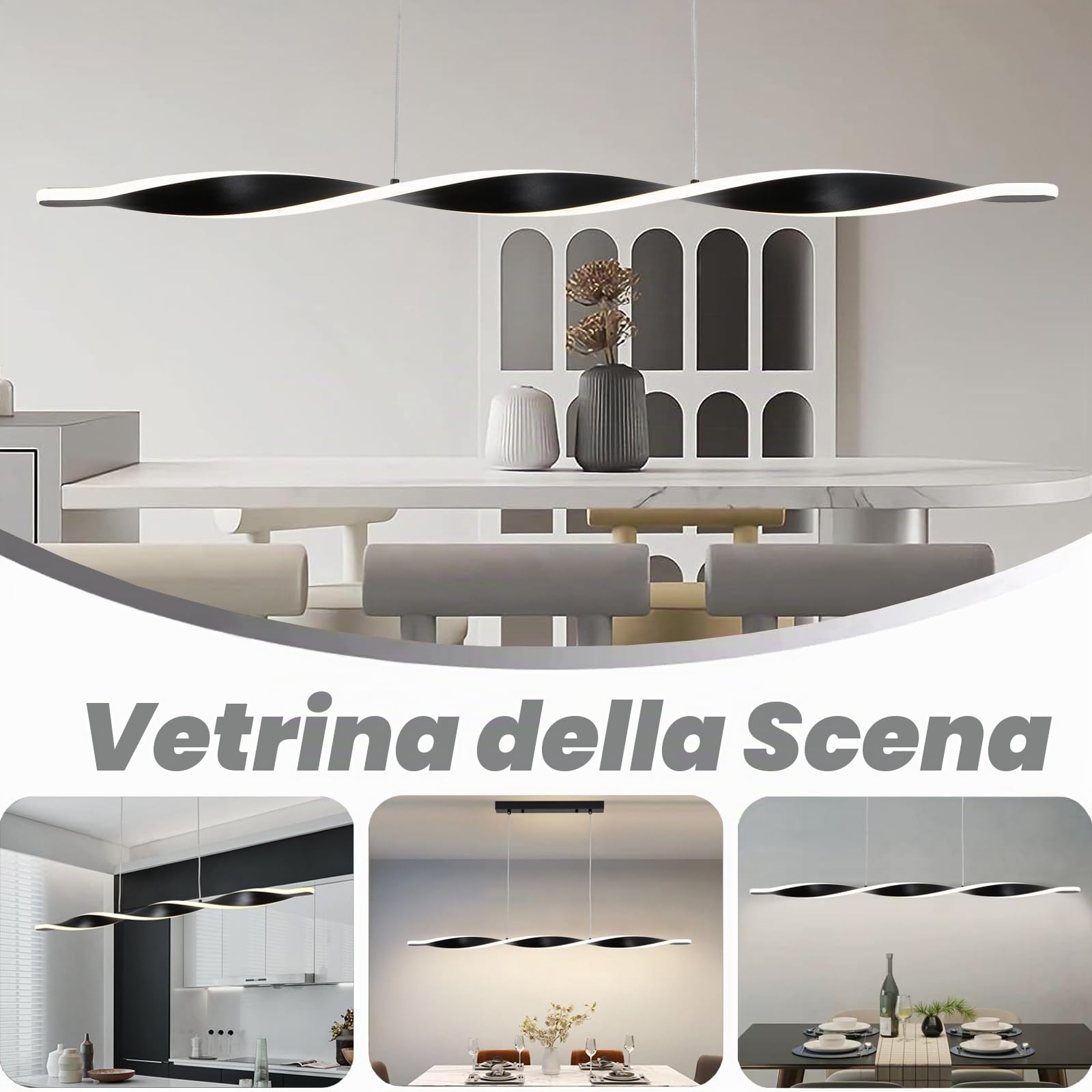 Lampadario a Sospensione Dimmerabile con Telecomando, Lampade a Sospensione Moderne Nere, Spirale Regolabile in Altezza Luce a Sospensione Tavolo da Pranzo per Salotto Cucina Camera da Letto Ufficio