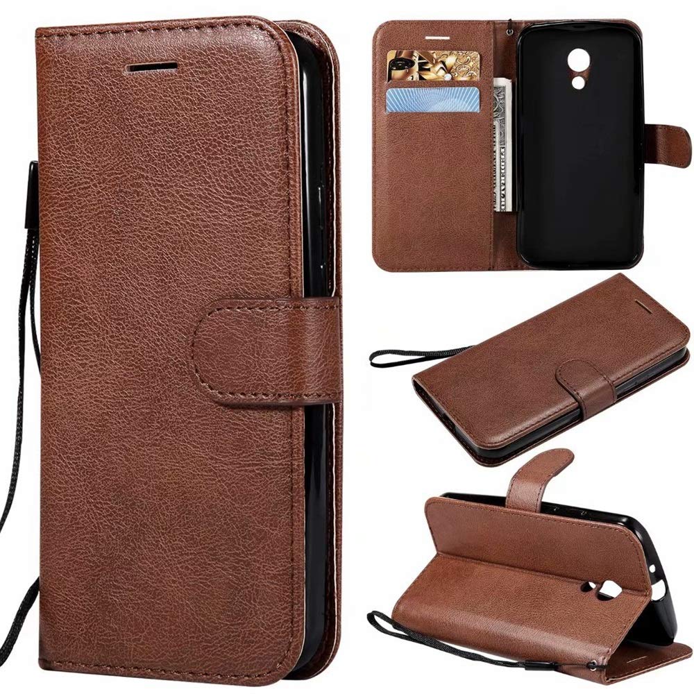 JDDRCASEfor Cell Phones Case, Solid Color Premium Quality PU Leather Flip Wallet Stand Case with Wrist Strap for Motorola Moto G2 (2nd Gen) (Color : Brown)
