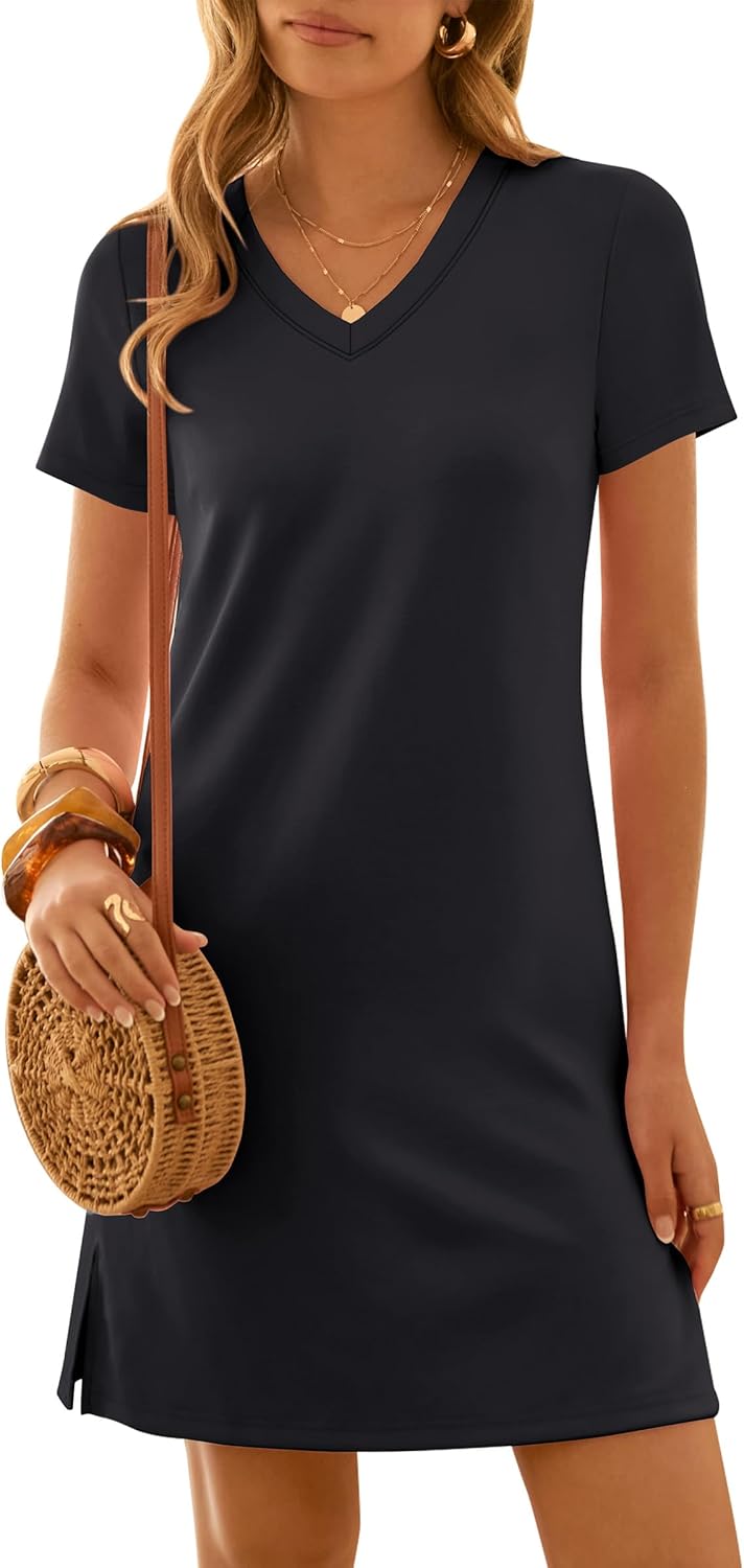 ANRABESS Summer Dress for Women 2026 Beach Vacation Clothes Short Sleeve V Neck Casual T Shirt Sundresses Travel Holiday