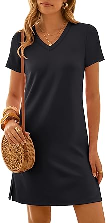 ANRABESS Summer Dress for Women 2026 Vacation Clothes Short Sleeve V Neck Casual Wrinkle-Free T Shirt Sundress Travel Holiday