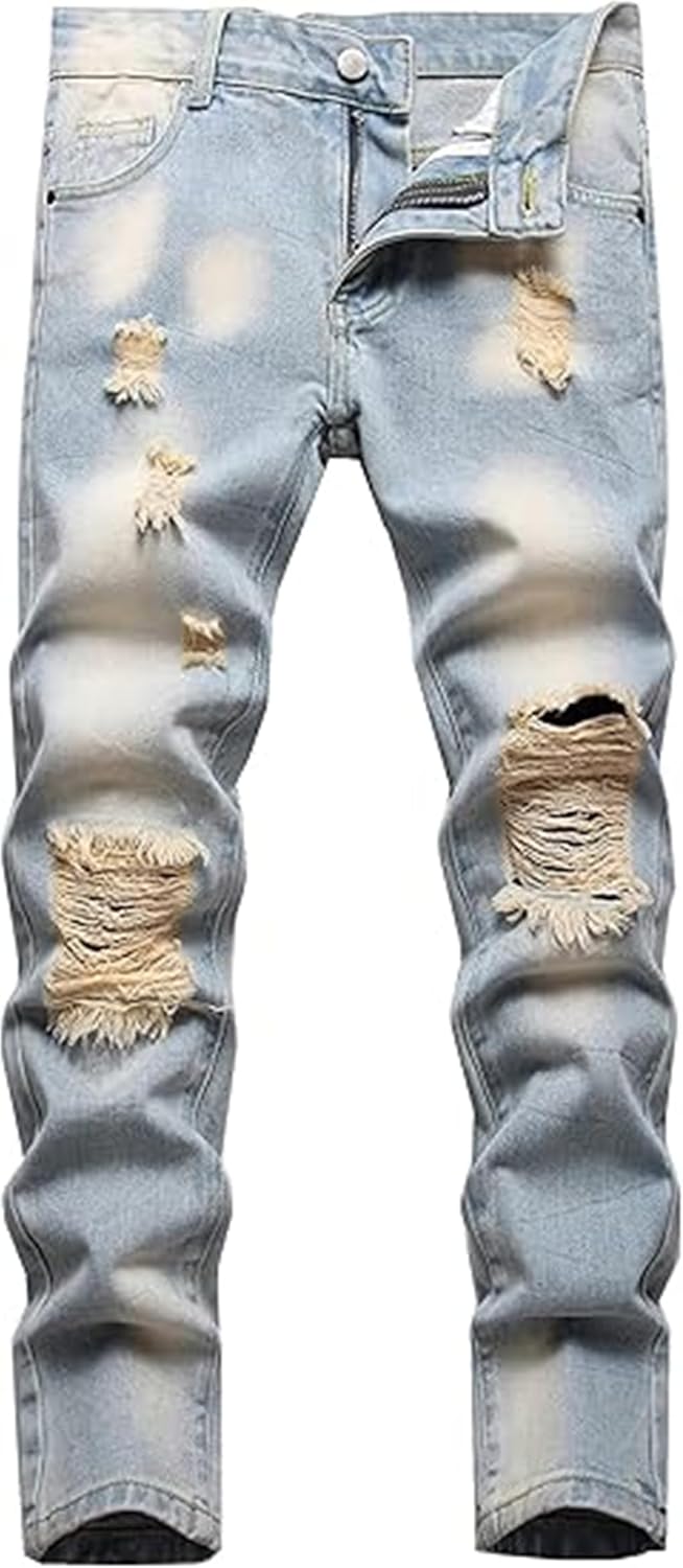 Boy's Stylish Biker Skinny Fit Ripped Destroyed Distressed Moto Stretch Fashion Denim Jeans Pants